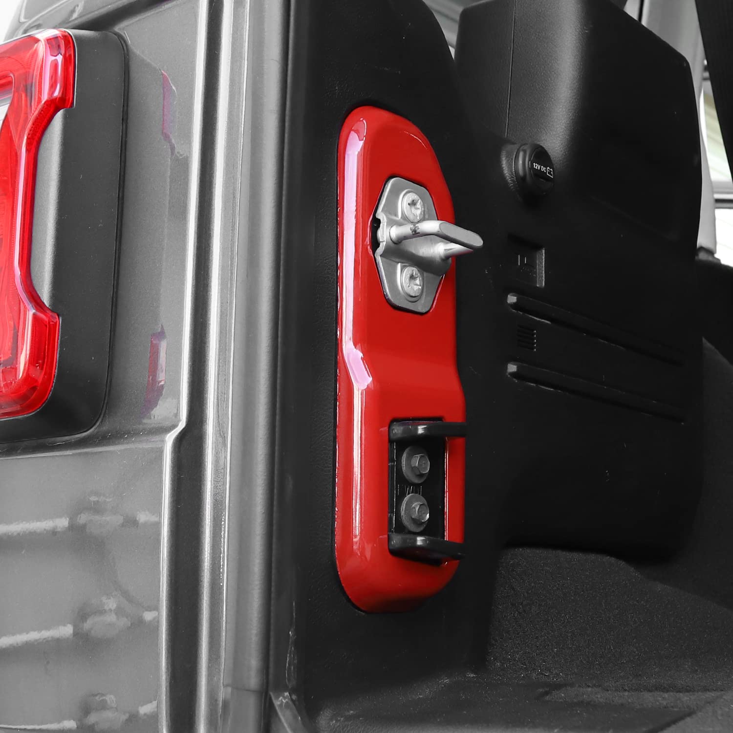 Jeep Wrangler JL JLU Tailgate Latch Panel Cover (2018-2024) - Durable Rear Trunk Lock Trim Accessories in Red - Perfect for Off-Roading & Truck Customization