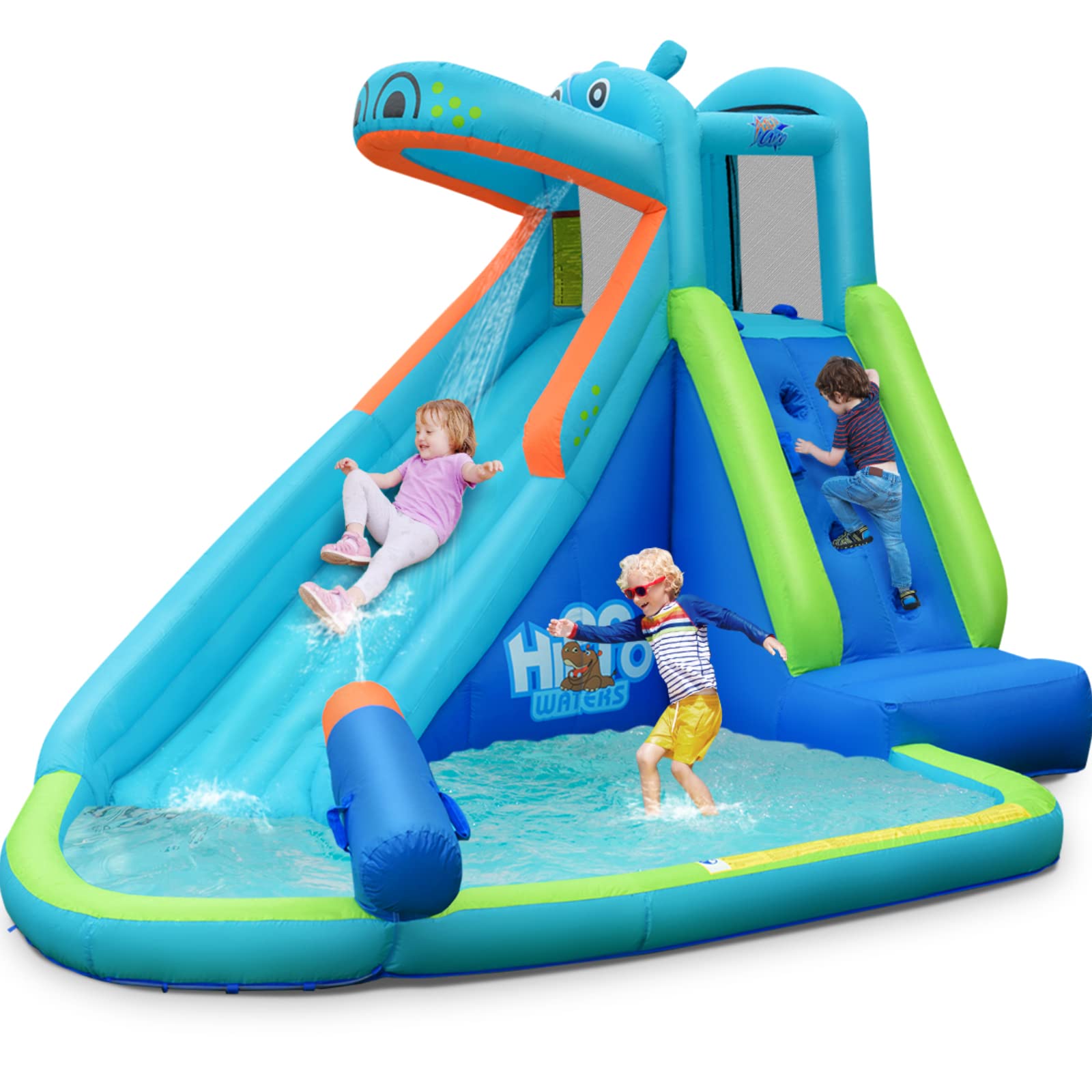 BOUNTECH Inflatable Water Slide for Kids & Adults - Hippo Themed Backyard Water Park with Long Slide & Splash Pool - Outdoor Summer Party Toy for Toddlers, Children, Family Gatherings, Birthday Gifts - Perfect for Backyard Fun, Pool Parties, Summer Celebrations and Outdoor Water Play