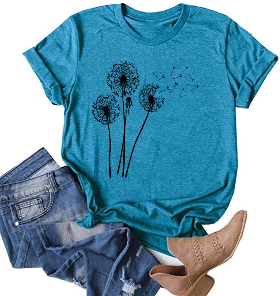 MaQiYa Women's Cute Make A Wish Dandelion Printed Cotton T-Shirt - Vintage Graphic Tee for Summer - Casual Outfit, Streetwear, Festival Fashion