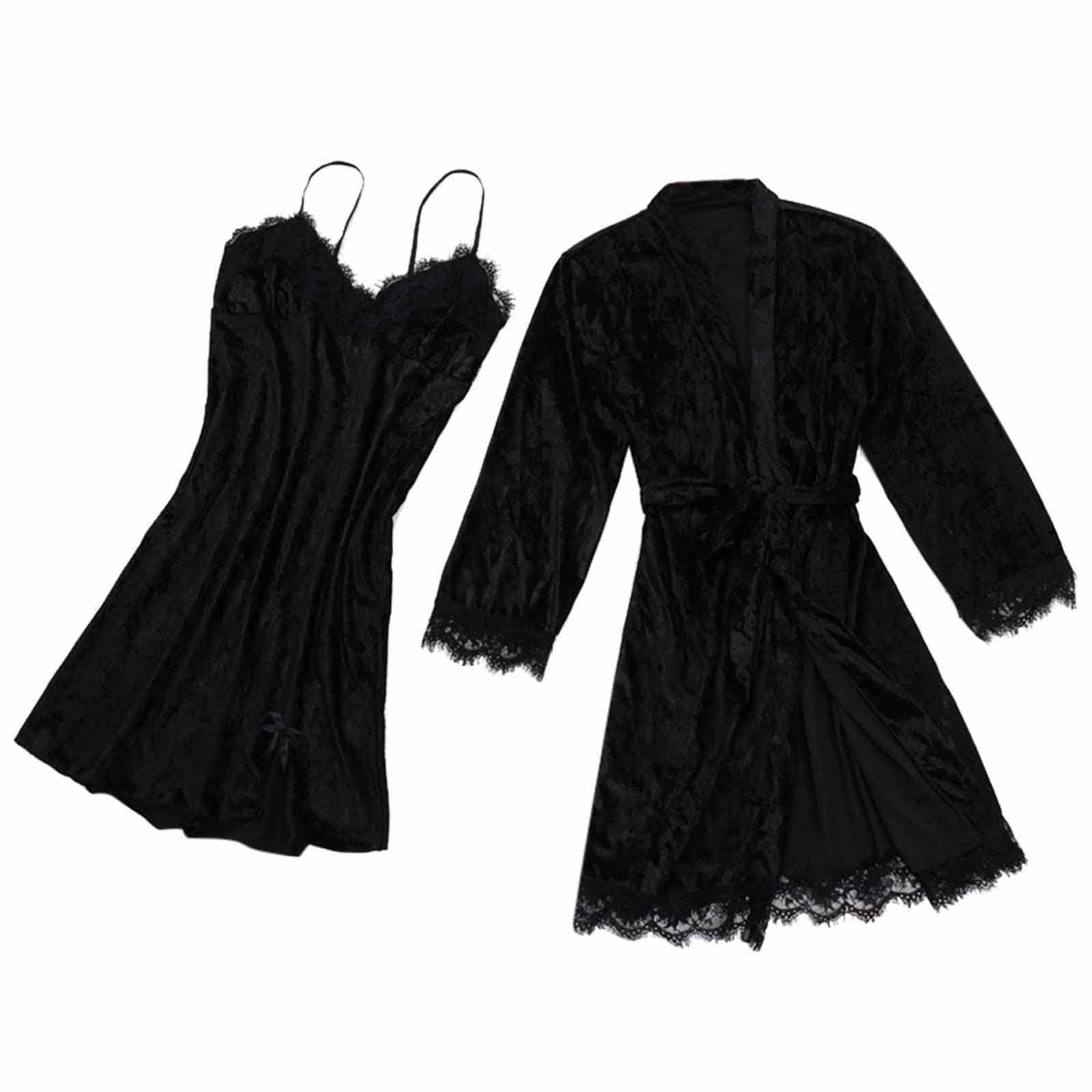Women's Sexy Lace Trim Sleepwear Set - 2PC Velvet Cami Dress & Long Sleeve Robe Nightgown for Women, Soft Lounge Wear for Valentine's Day Gift, Anniversary Present - Perfect for Romantic Nights & Cozy Home Relaxation