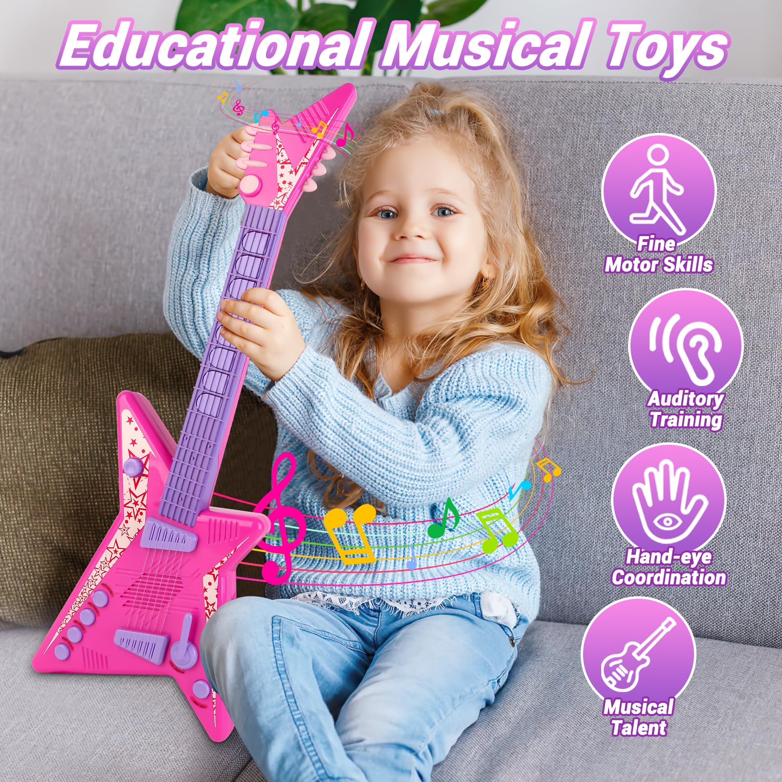 deAO Kids Guitar and Microphone Set - Adjustable Height Musical Toy with Colorful Lights & Stand | Perfect for Birthday Gifts, Karaoke Singing, and Early Music Education for Boys & Girls