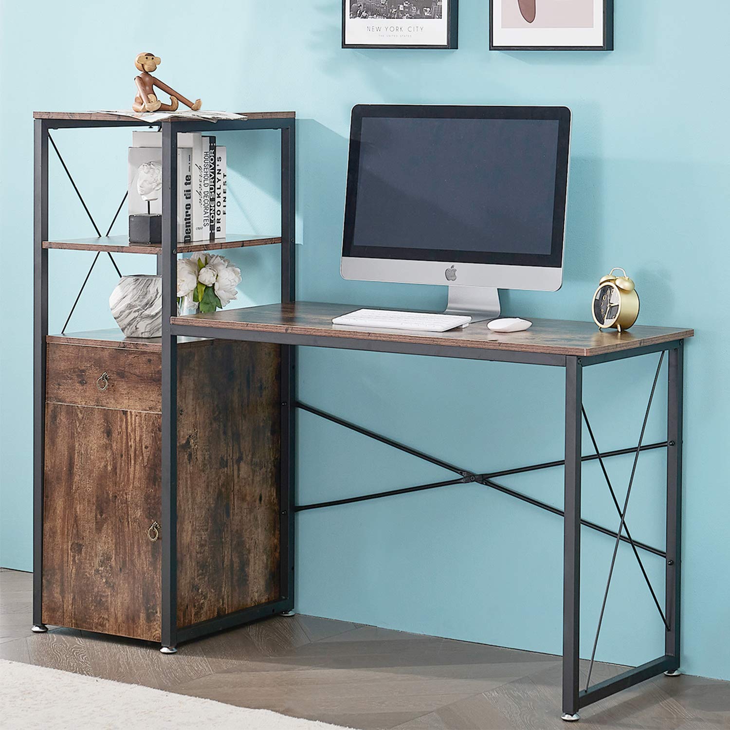 VECELO 41-inch Computer Desk with Storage Cabinet - Space Saving Study Desk with Bookshelf, Drawer & Laptop Stand - Multipurpose Home Office Workstation (Brown, 57