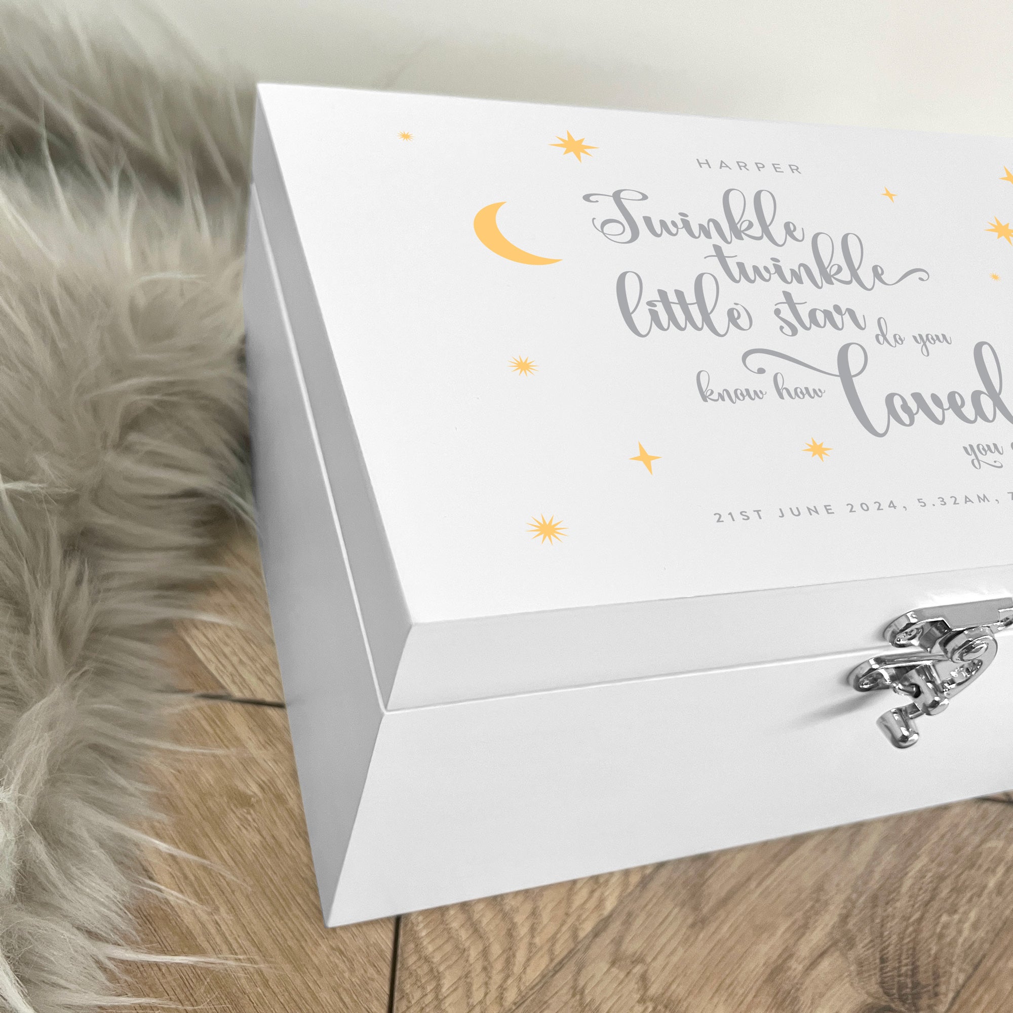 Personalized Twinkle Twinkle Baby Keepsake Box - White Wooden Memory Chest for Newborns (3 Sizes: 22cm, 27cm, 30cm) - Perfect for Baby Showers, Christenings & First Birthday Gifts