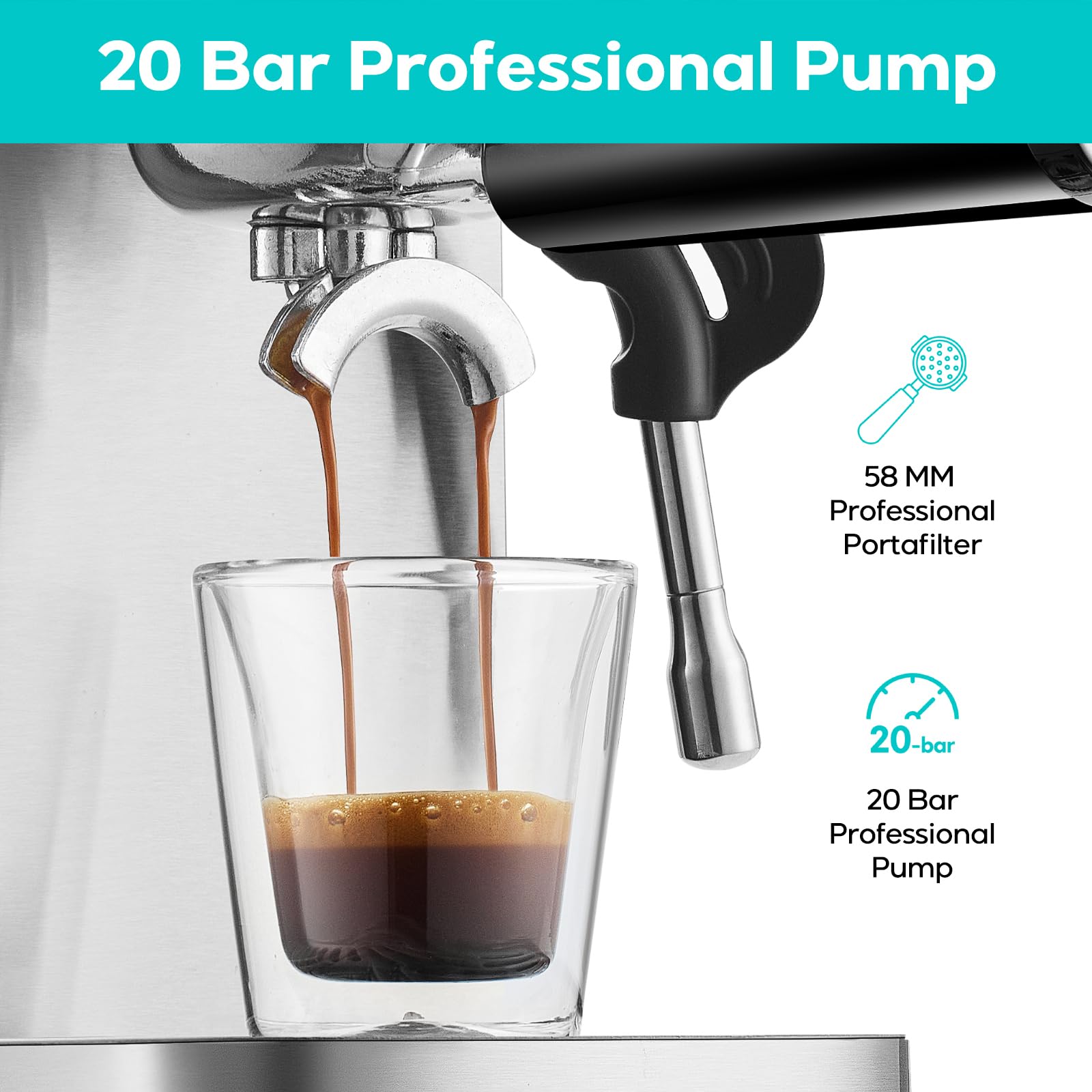 CASABREWS 20 Bar Espresso Machine with Steam Milk Frother - Stainless Steel Coffee Maker for Cappuccino & Latte - 43.9 oz Removable Water Tank - Perfect for Home Baristas & Coffee Lovers