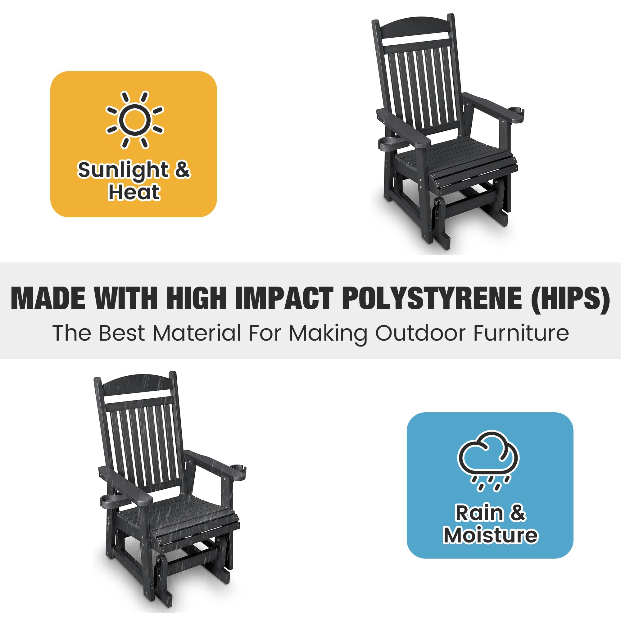 Poly Lumber Single Person Patio Glider with Cup Holders - High Back Support & Contoured Seat - Heavy Duty 700lb Capacity All-Weather HIPS Material (Matte Black) - Perfect for Porch, Deck, Garden or Poolside Relaxation