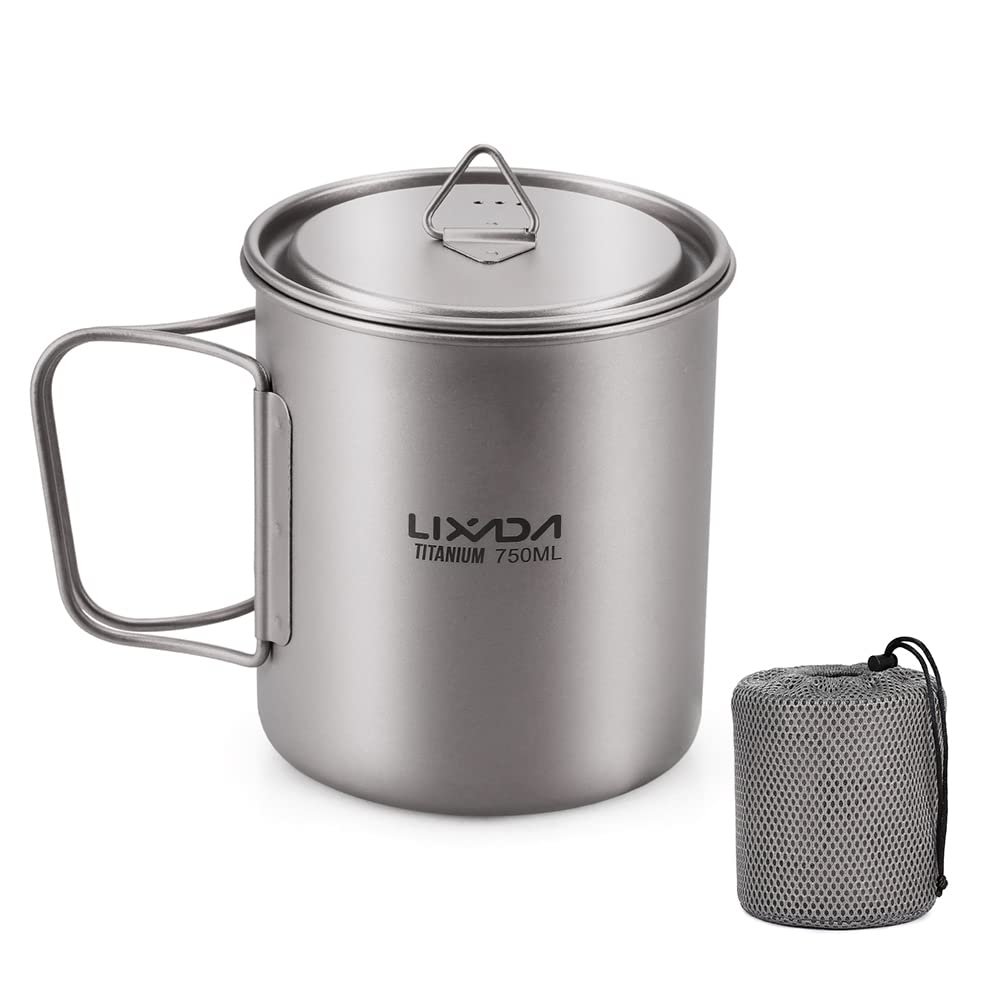 Lixada Titanium Camping Pot - Lightweight Backpacking Cookware with Foldable Handles, Durable Titanium Cup for Outdoor Adventures, Hiking & Camping - Perfect for Backpacking, Camp Cooking & Wilderness Survival