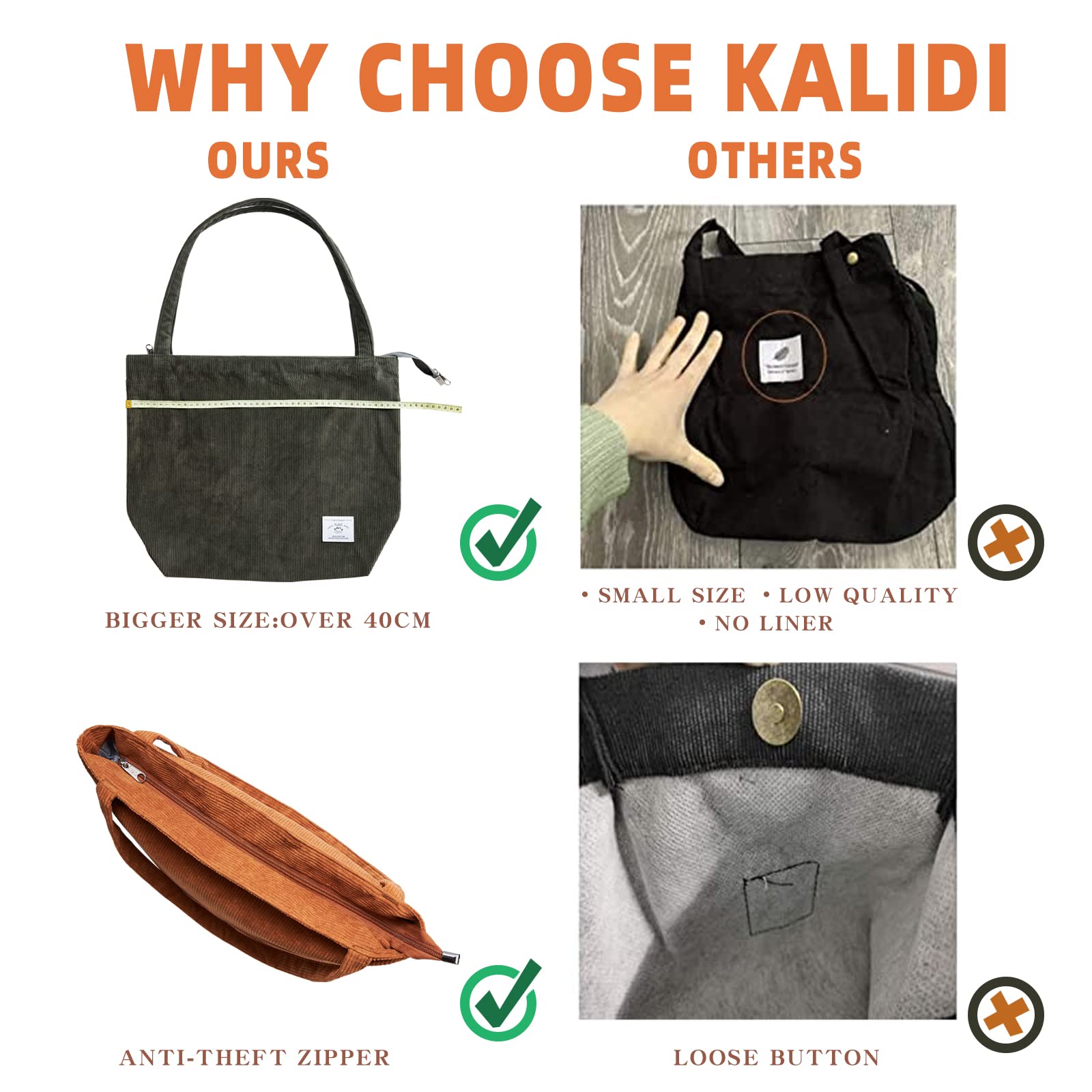 KALIDI Women's Corduroy Tote Bag - Large Capacity Zippered Shoulder Bag with Pockets for Work & Travel