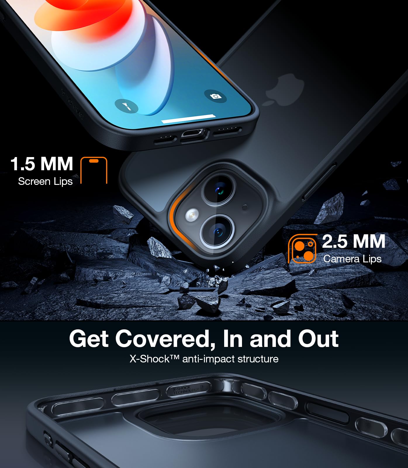 TORRAS Military Grade Shockproof iPhone 15 Case - 12FT Drop Protection, Slim Matte Hard Back with Translucent Silicone Edge (Black) | Perfect for Outdoor Activities, Work & Daily Protection