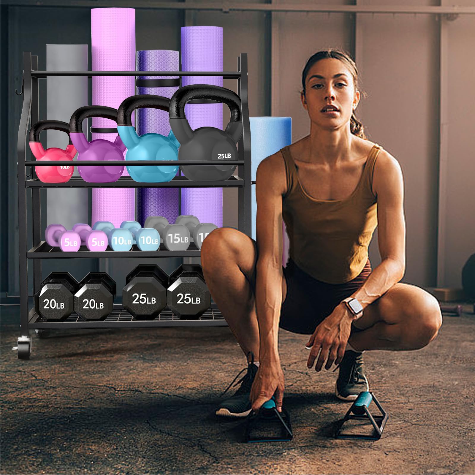 Heavy Duty Adjustable Weight Rack for Dumbbells & Kettlebells - 450 lbs Capacity Home Gym Storage Organizer with Wheels & Hooks - Perfect for Yoga Mats, Exercise Balls & Fitness Equipment Storage - Ideal for Home Gym, Garage Workout Space & CrossFit Studios