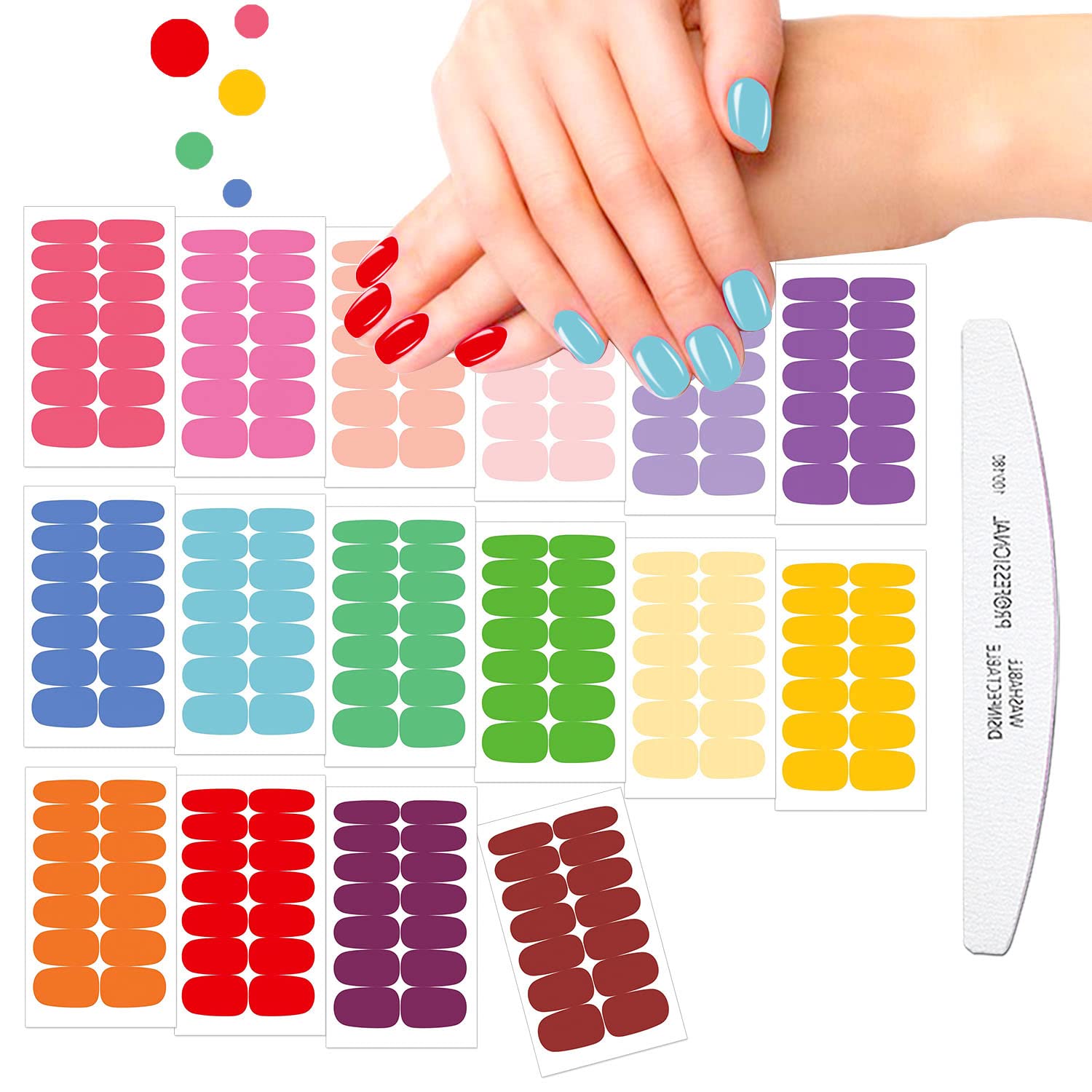 JERCLITY 16 Sheets Solid Color Nail Wraps - Macaron Colored Self-Adhesive Nail Polish Strips with Nail File | DIY Nail Art Decals for Women, Girls & Kids | Perfect for Parties, Weddings & Everyday Wear