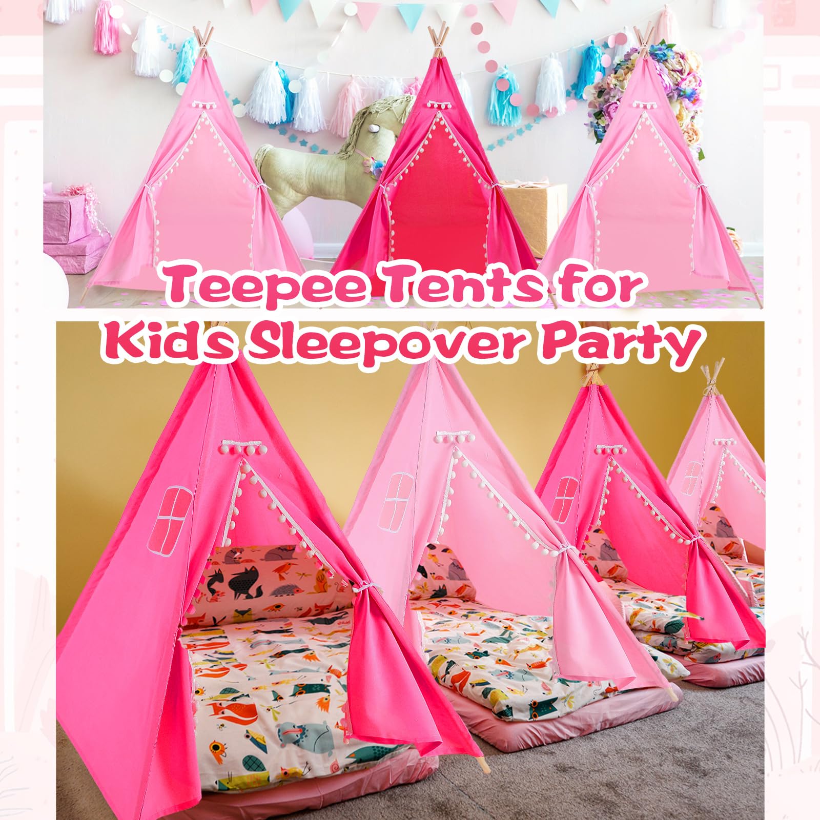 Windyun 6-Piece Kids Teepee Tent Set - Foldable & Washable Play Tent for Boys & Girls, Indoor/Outdoor Boho Playhouse for Toddlers, Birthday Parties, Sleepovers, Pajama Parties & Spa Days (63