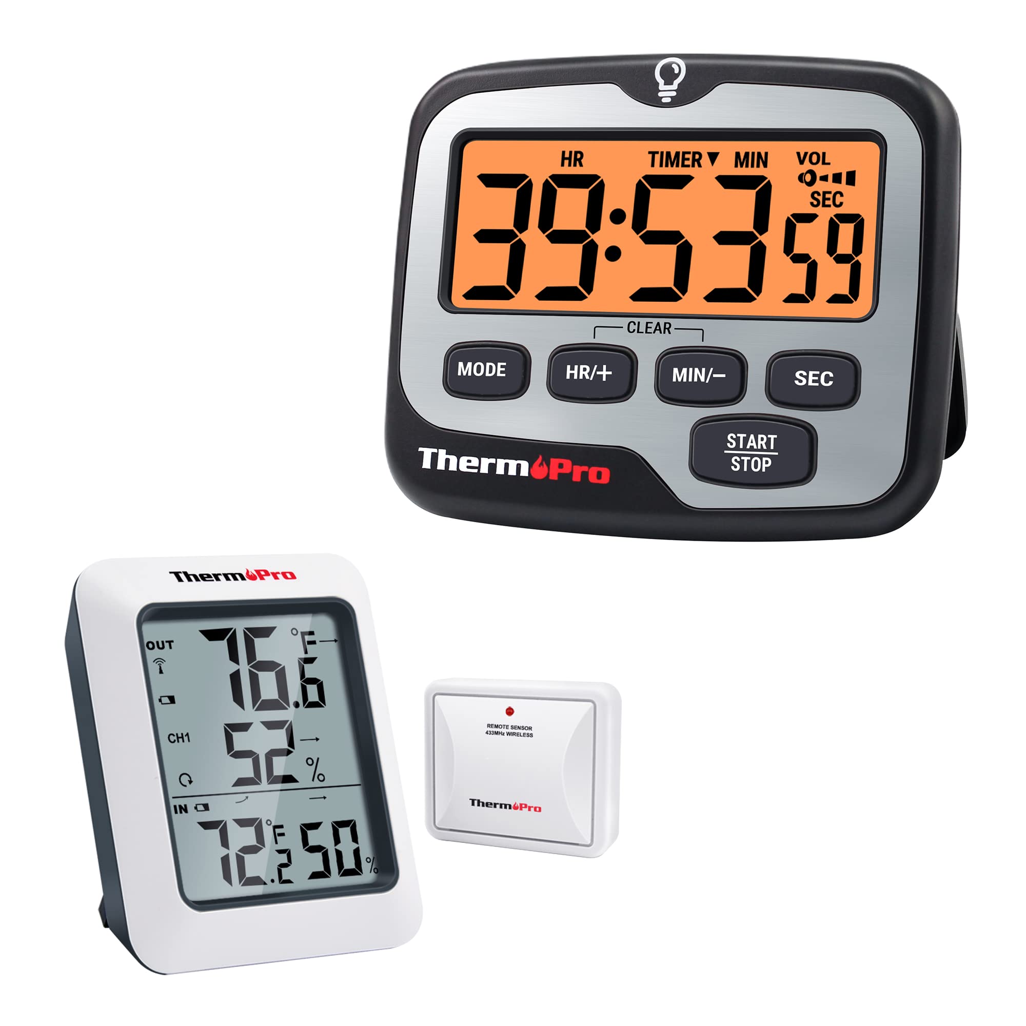ThermoPro TP60S Digital Hygrometer Indoor Outdoor Thermometer & TM01 Kitchen Timer with Large LCD Display - Perfect for Home, Kitchen, Bathroom, Greenhouse, and Baby Room Monitoring
