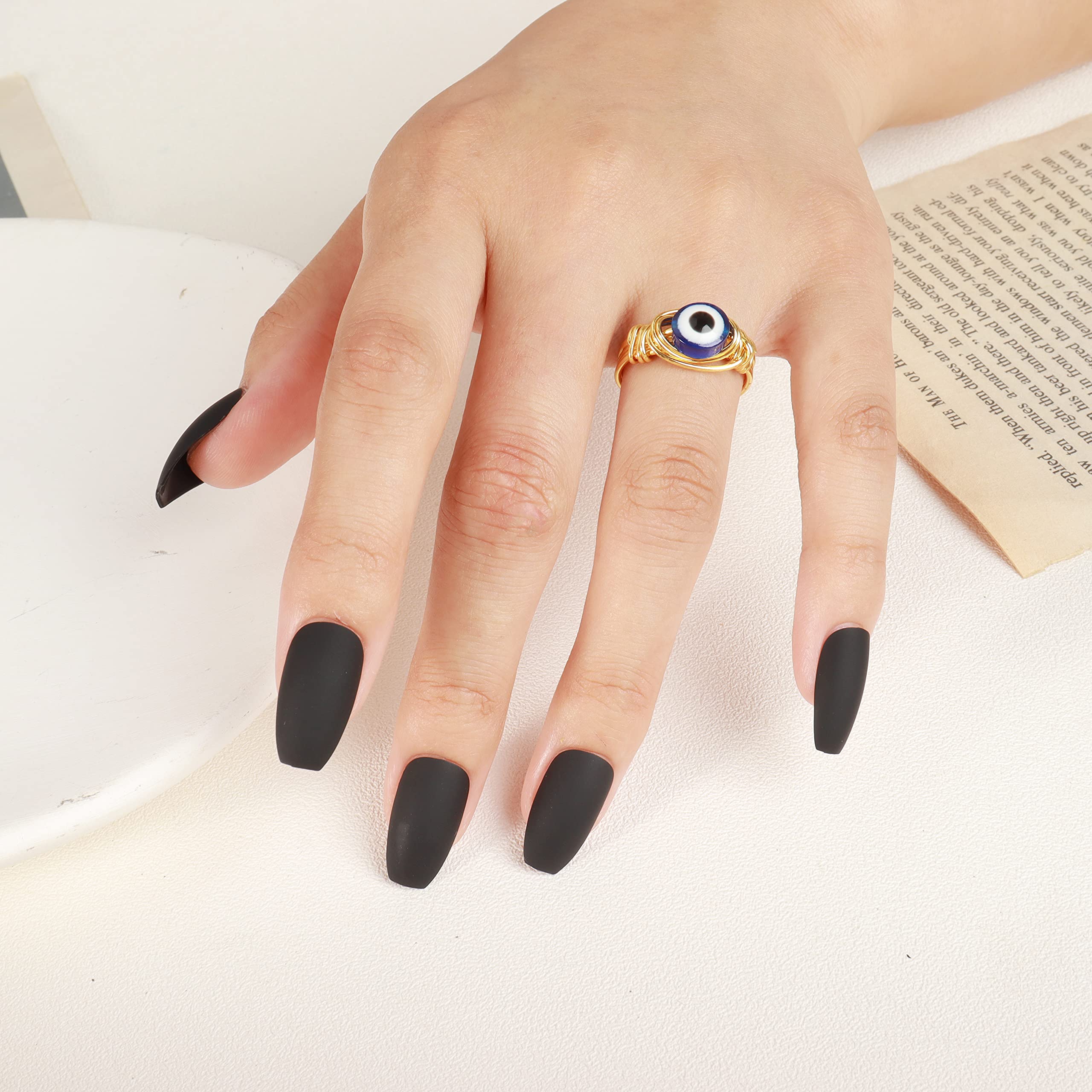 HUASAI Evil Eye Ring for Women - Gold Plated Blue Eye Protection Charm Jewelry, Mal De Ojo Ring for Good Luck & Positive Energy | Gift for Girlfriend, Birthday, Spiritual Healing Accessory