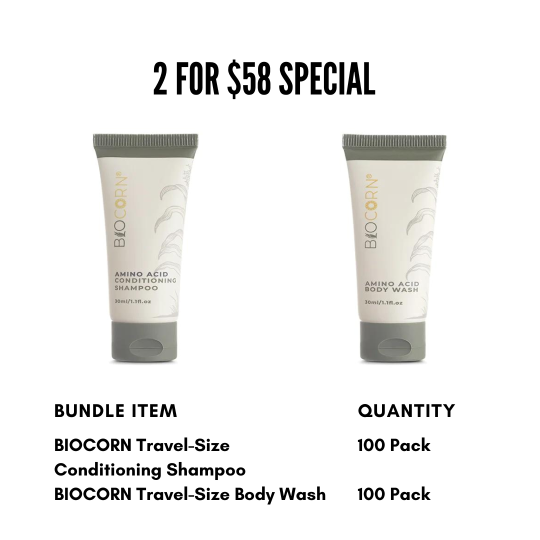 BIOCORN 200 Pack Conditioning Shampoo & Body Wash Bundle - 2 x 100 Packs for $58 | Gentle Cleansing for All Hair & Skin Types | Perfect for Gyms, Spas & Travel