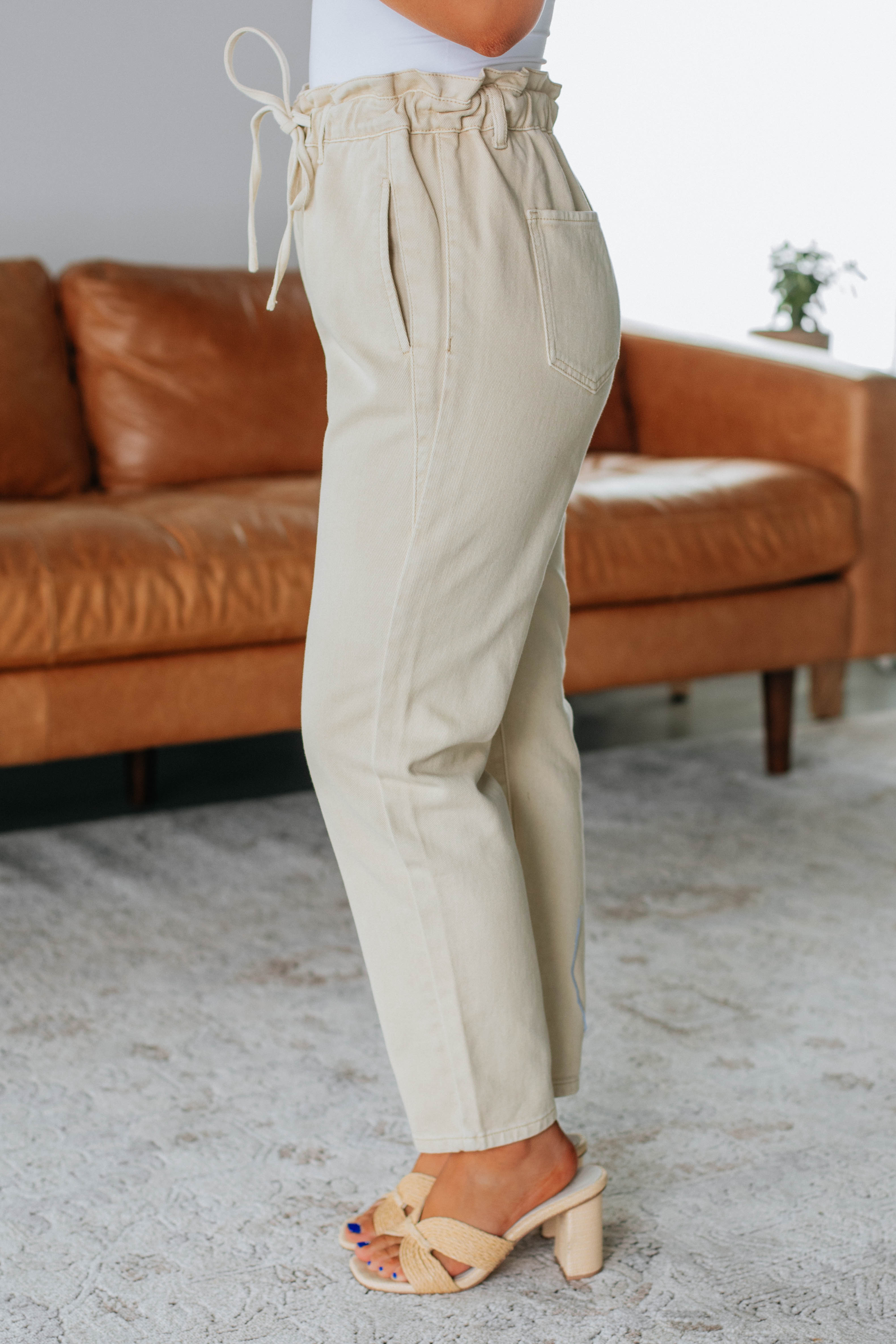 Evolet Women's High Waist Paperbag Pants - Beige Casual Trousers for Work, Office & Everyday Wear