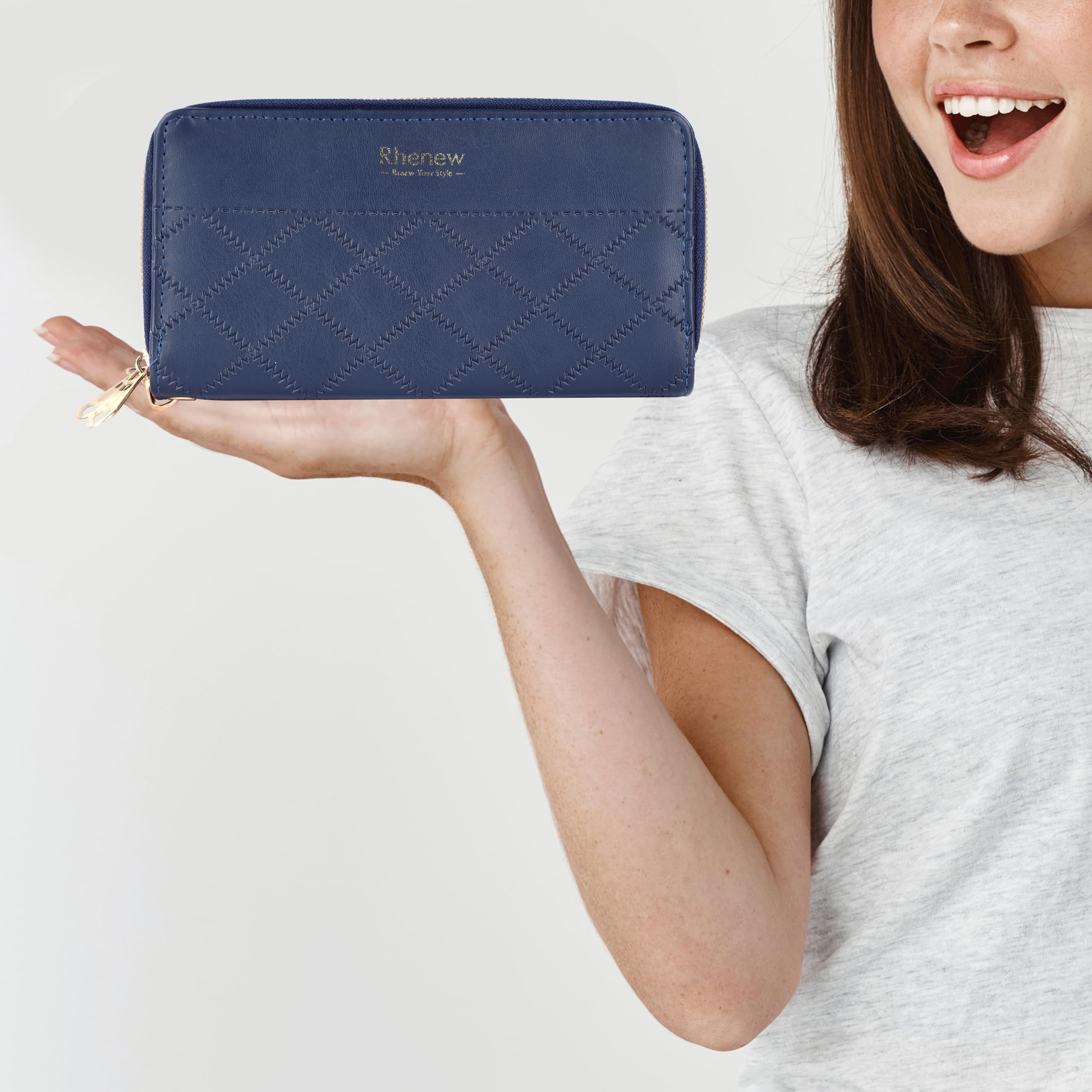 Rhenew Women's Double Zipper Wallet - Embossed Leather Clutch Purse for Everyday Use, Travel & Special Occasions