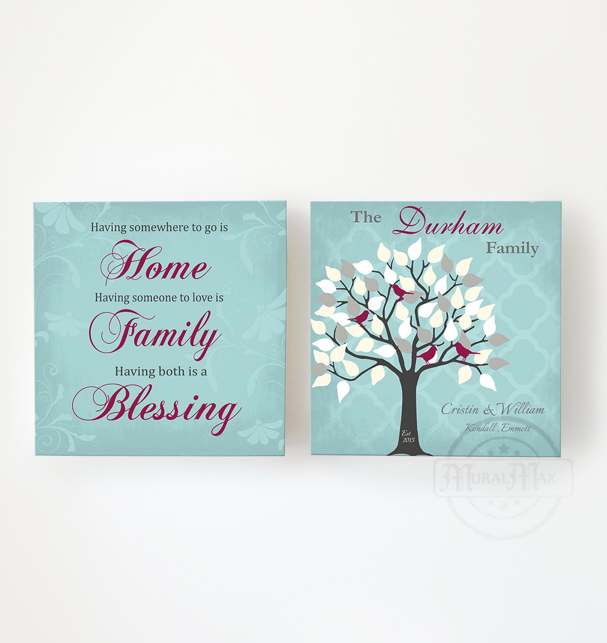 Custom Family Tree Canvas Art with Names & Date - Personalized Home Blessing Wall Decor - Unique Anniversary Gift Set of 2 (30x30 Inches, Aqua) - Perfect for Living Room, Bedroom & Housewarming Presents