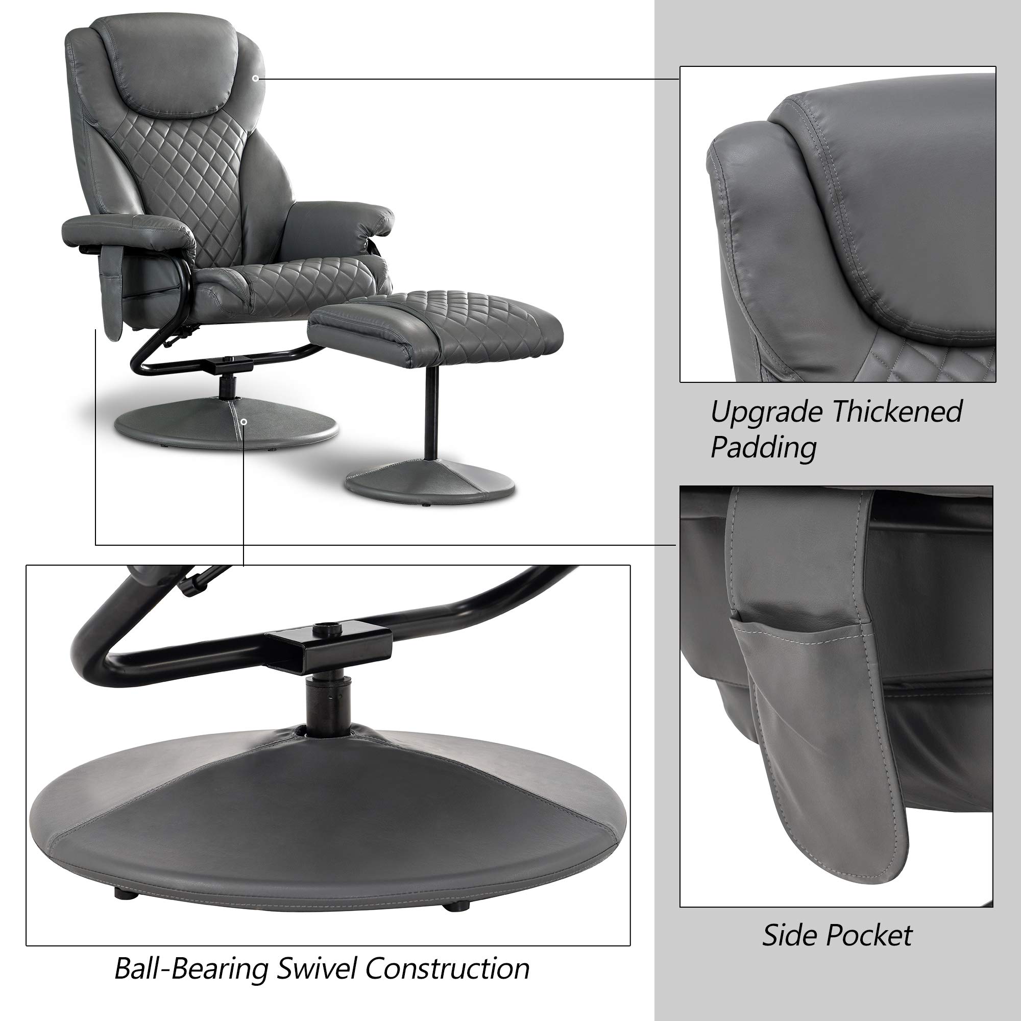 MCombo Power Recliner with Ottoman - Massage Reclining Chair, 360° Swivel Living Room Chair in Faux Leather (Grey) - Perfect for Home Theater, Gaming & Relaxation