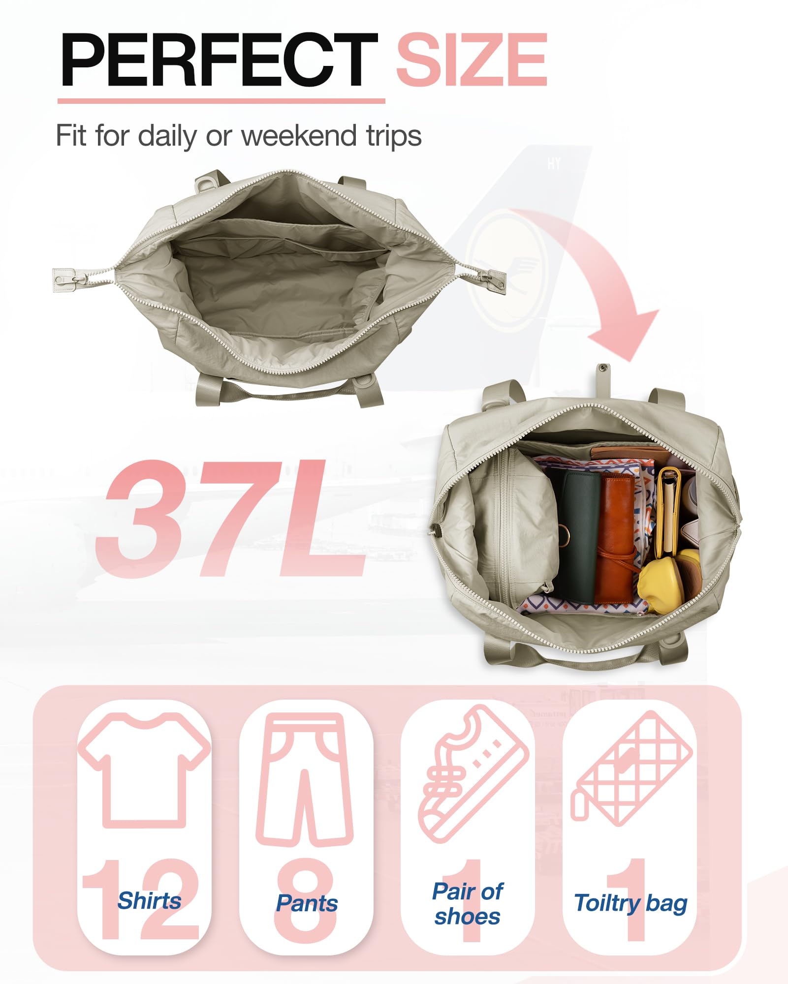 BAGSMART Women's Weekender Travel Duffel Bag with Shoe Compartment & Toiletry Bag - Airline Approved Carry On Overnight Tote for Gym, Work, Weekend Getaways (Beige, 2 Pack)