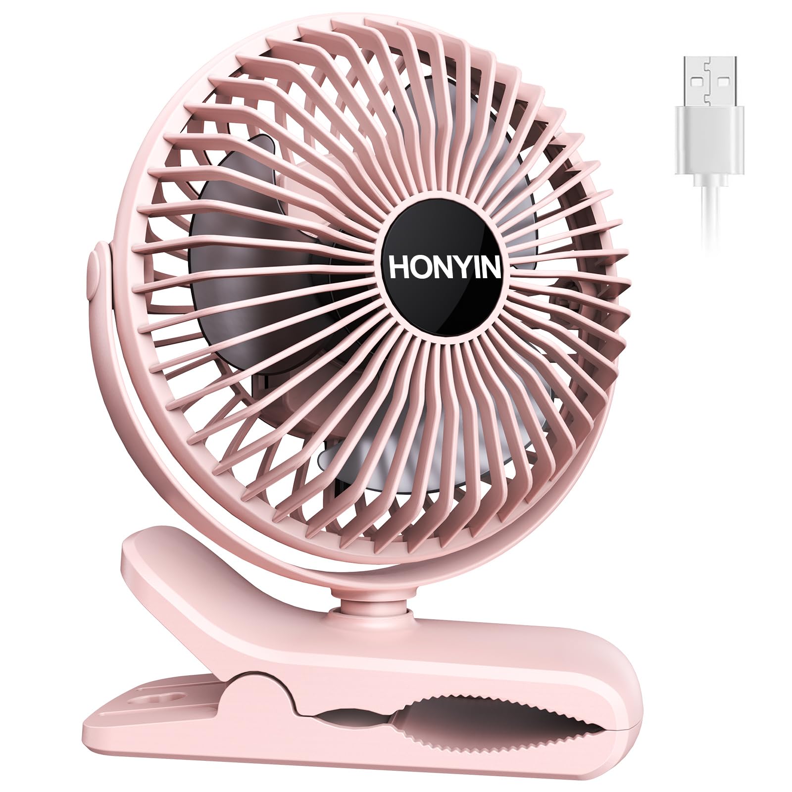 HONYIN 720° Rotating Clip on Fan with Sturdy Clamp - 3 Speed Adjustable USB Desk Fan, Quiet Personal Cooling Fan for Office, Bedroom, Desktop, Treadmill - Perfect for Home, Work & Exercise Spaces