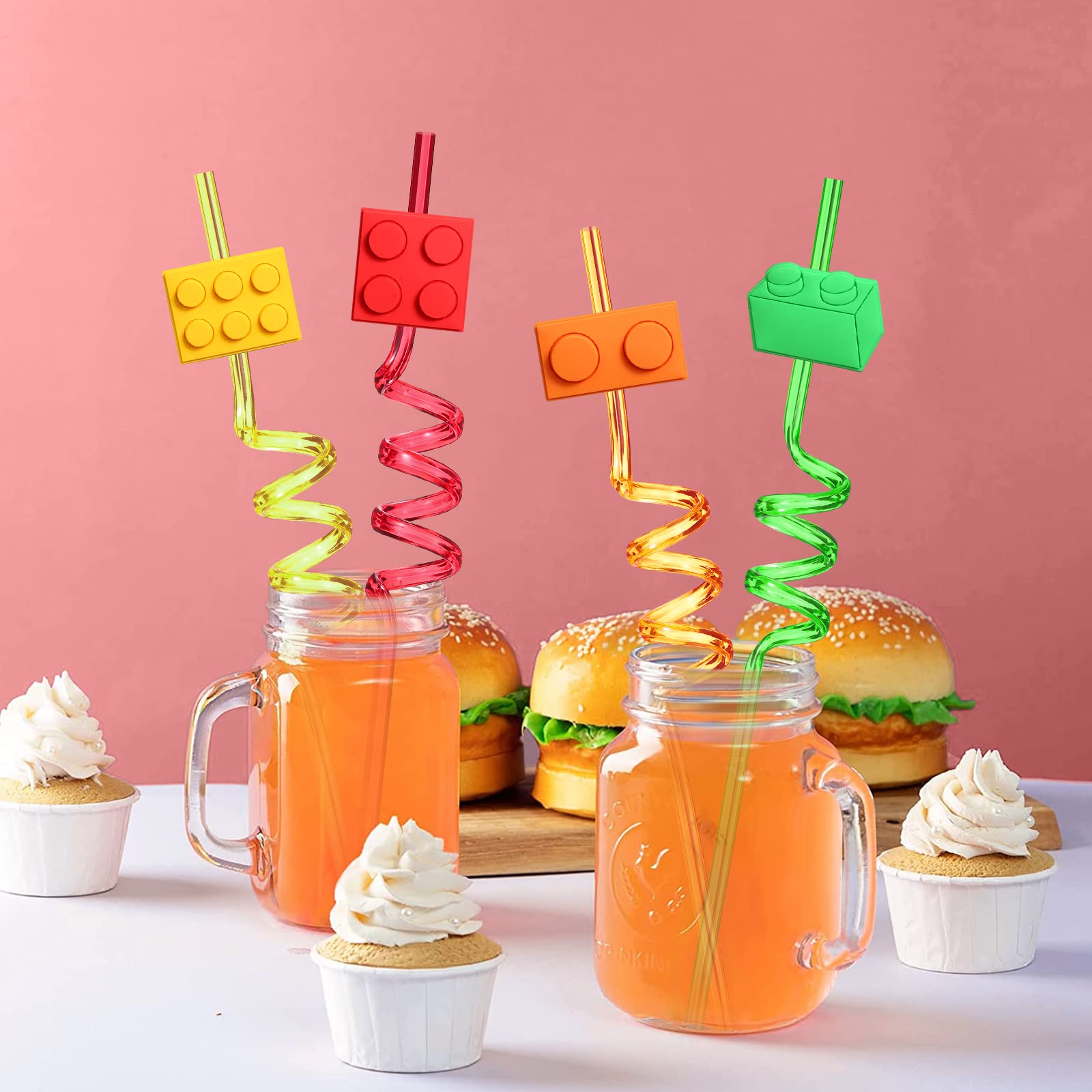 25-Piece Building Block Party Favors - Fun Brick Block Drinking Straws for Kids Birthday Parties, Includes 2 Straw Cleaning Brushes | Perfect for LEGO-Themed Celebrations, DIY Drinks & Creative Play