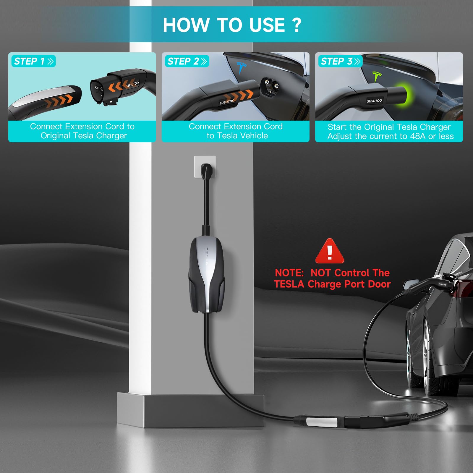 32A Tesla Charger Extension Cable - 20FT Heavy Duty EV Charging Cord for Level 1 & 2 with Storage Bag - Compatible with Tesla Models (Perfect for Home, Garage & Road Trip Charging)
