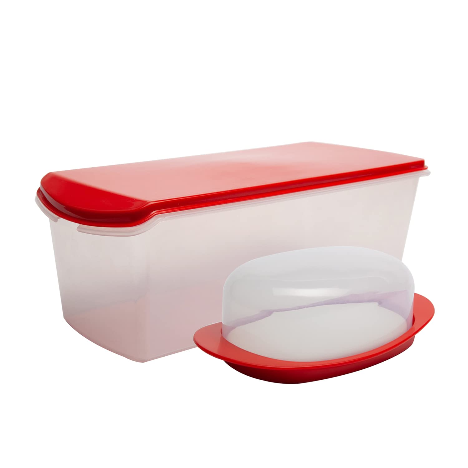 Gluman Large Bread Storage Box with Butter Dish | 100% Food Grade Plastic Bread Keeper & Butter Container | Dishwasher, Freezer Safe & Eco-Friendly | Perfect for Kitchen Countertop, Pantry Organization & Fresh Bread Storage (Red)
