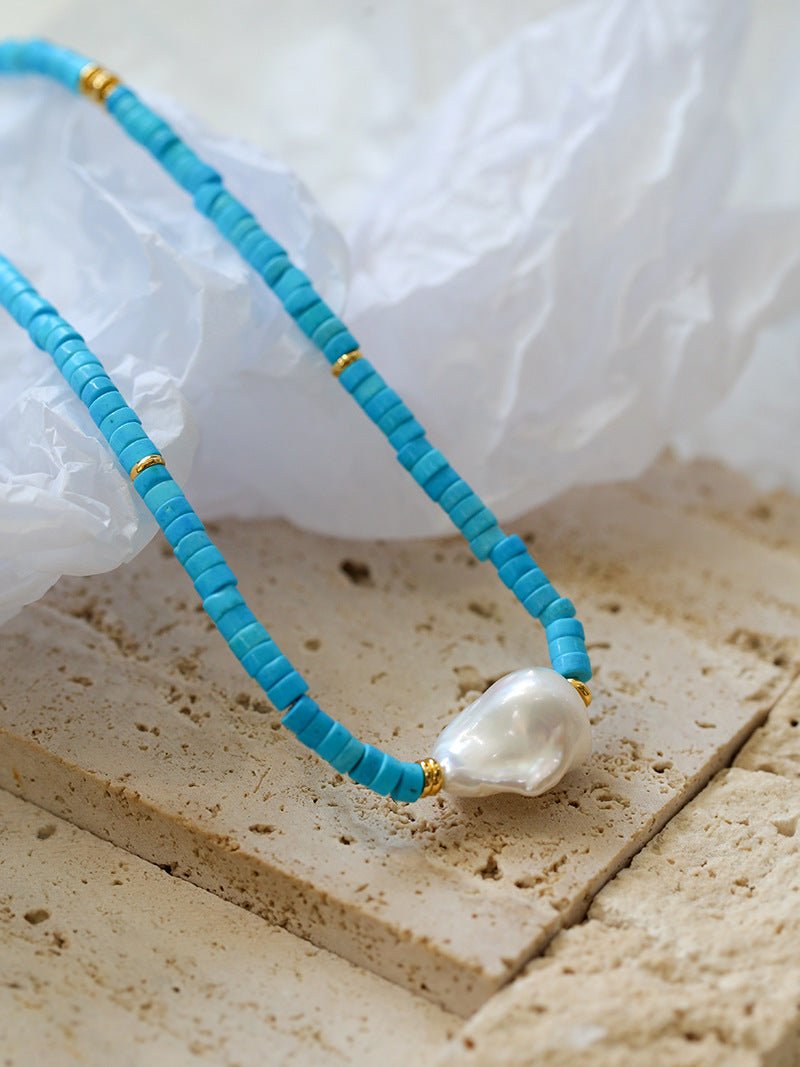 Blue Stone Beaded Necklace with Baroque Pearl - Elegant Boho Jewelry for Women, Perfect for Weddings, Parties & Everyday Wear