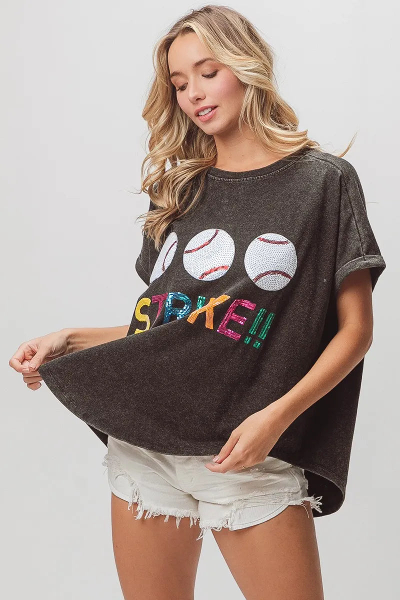 BiBi Sequin Baseballs Strike Washed Short Sleeve T-Shirt | Trendy Casual Top for Women | Perfect for Parties, Concerts & Night Out