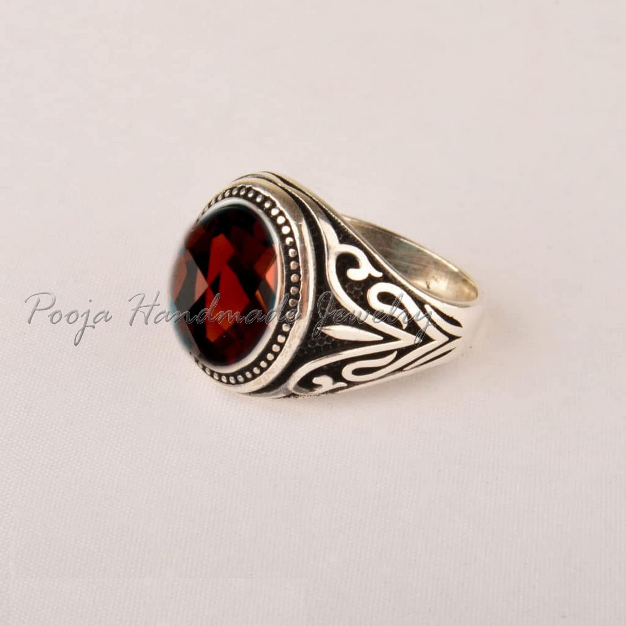 Red Garnet Gemstone Ring for Men - 925 Sterling Silver Oxidized Ottoman Style Ring with Healing & Protection Powers - Elegant Gift for Him - Perfect for Weddings, Anniversaries & Spiritual Healing
