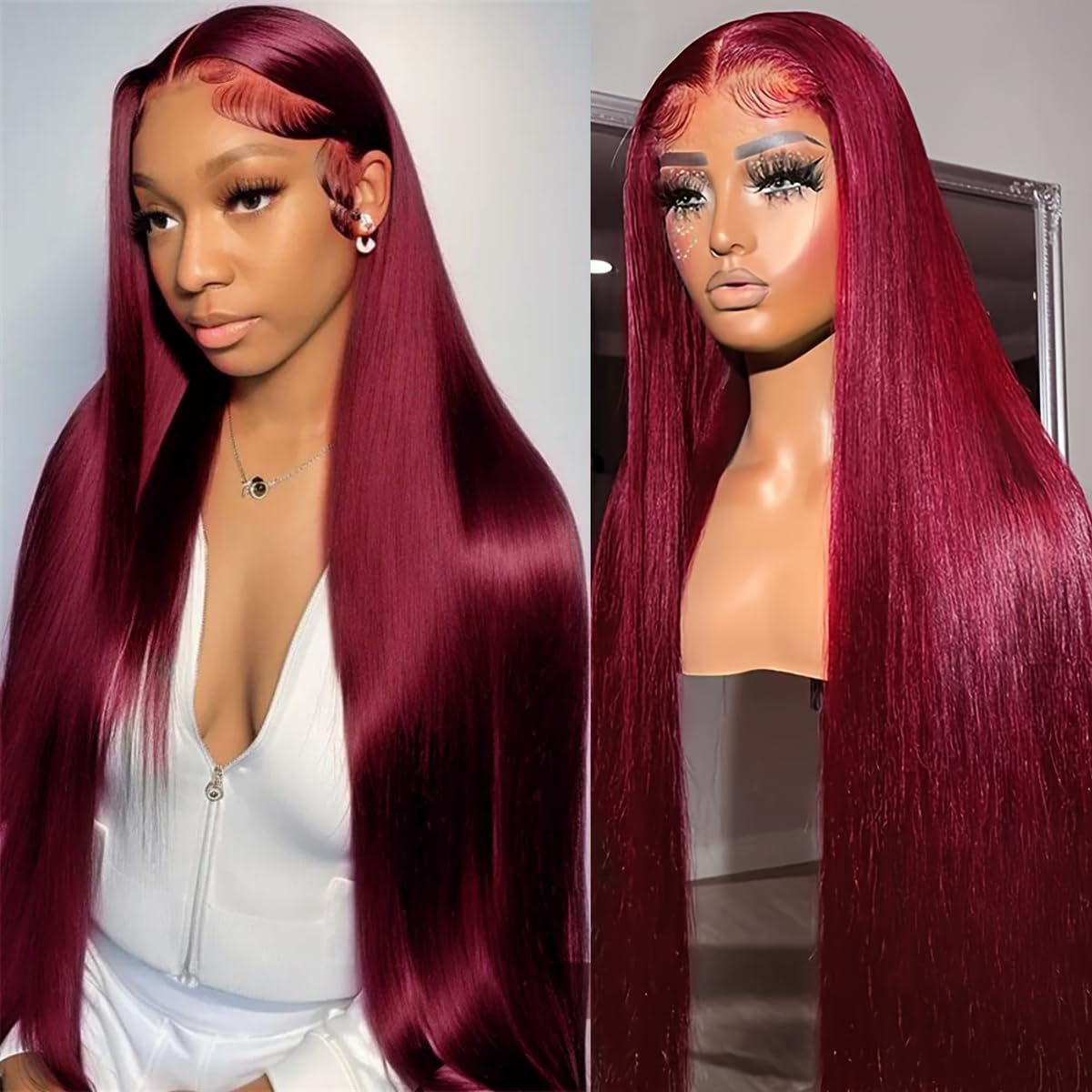 32 Inch 99J Burgundy Lace Front Wigs Human Hair 200% Density 13x6 Straight Lace Front Wigs - Pre Plucked Red Lace Frontal Wig for Women with Baby Hair & Natural Hairline | Glueless Human Hair Wig for Daily Wear, Cosplay & Special Occasions