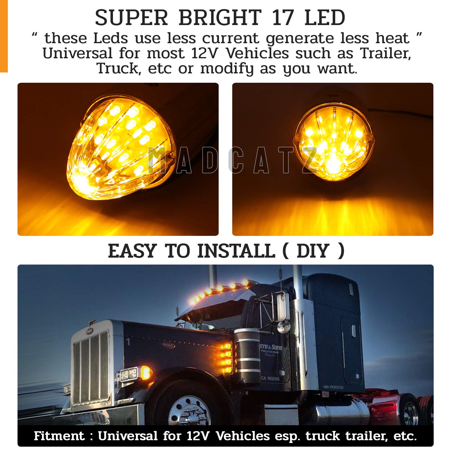 MADCATZ 15.5 Inch Amber LED Clear Lens Torpedo Cab Marker Lights (Pack of 5) - 12V DC Waterproof Roof Running Lights for Trucks & Trailers - Durable Chrome Housing for Heavy Duty Vehicles | Perfect for Semi Trucks, RV Campers, Commercial Trailers & Off-Road Vehicles