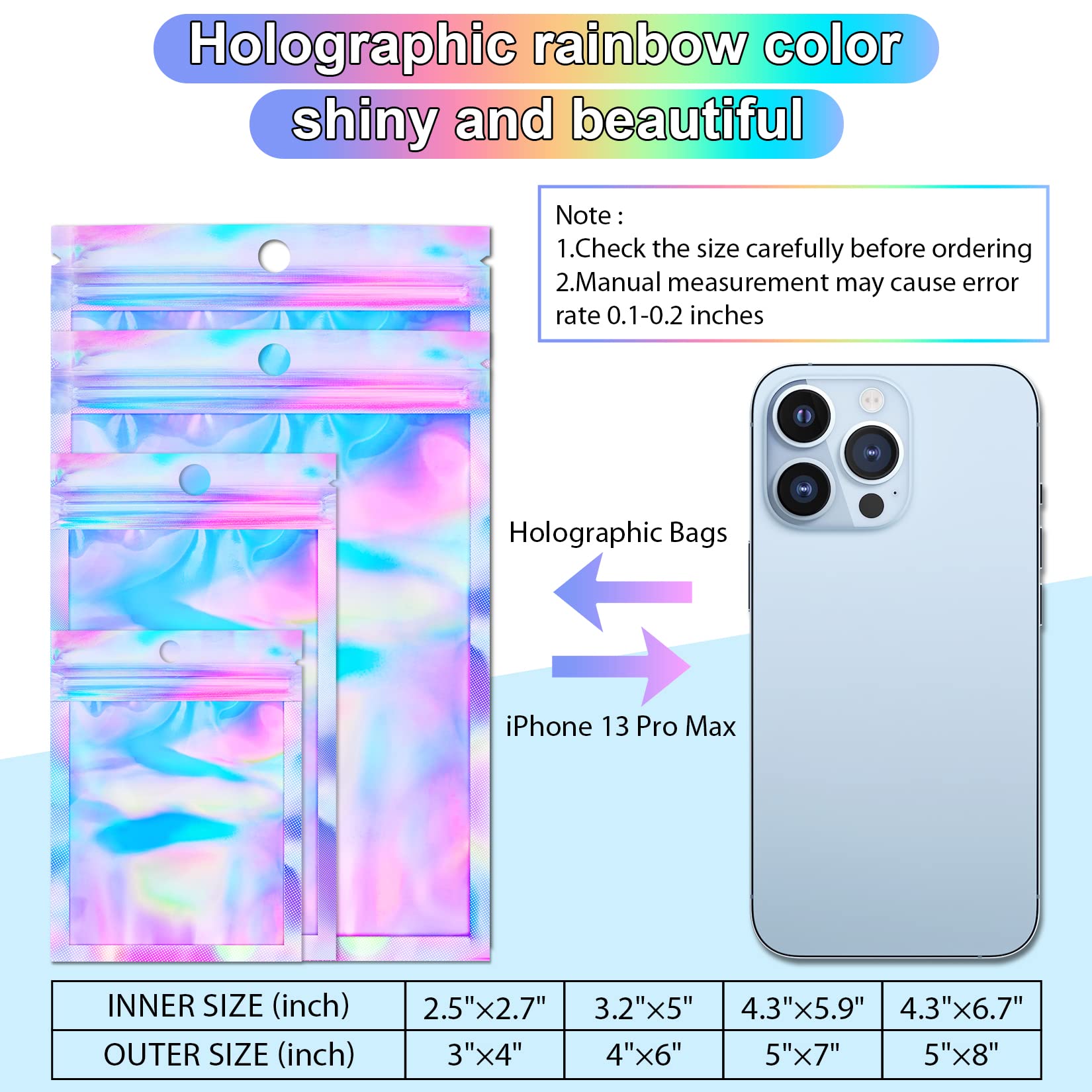 150 Pack 5x7 Inches Holographic Resealable Smell Proof Bags - Premium Food Storage & Jewelry Packaging for Small Business - Ideal for Candy, Snacks, Small Items & Retail Display