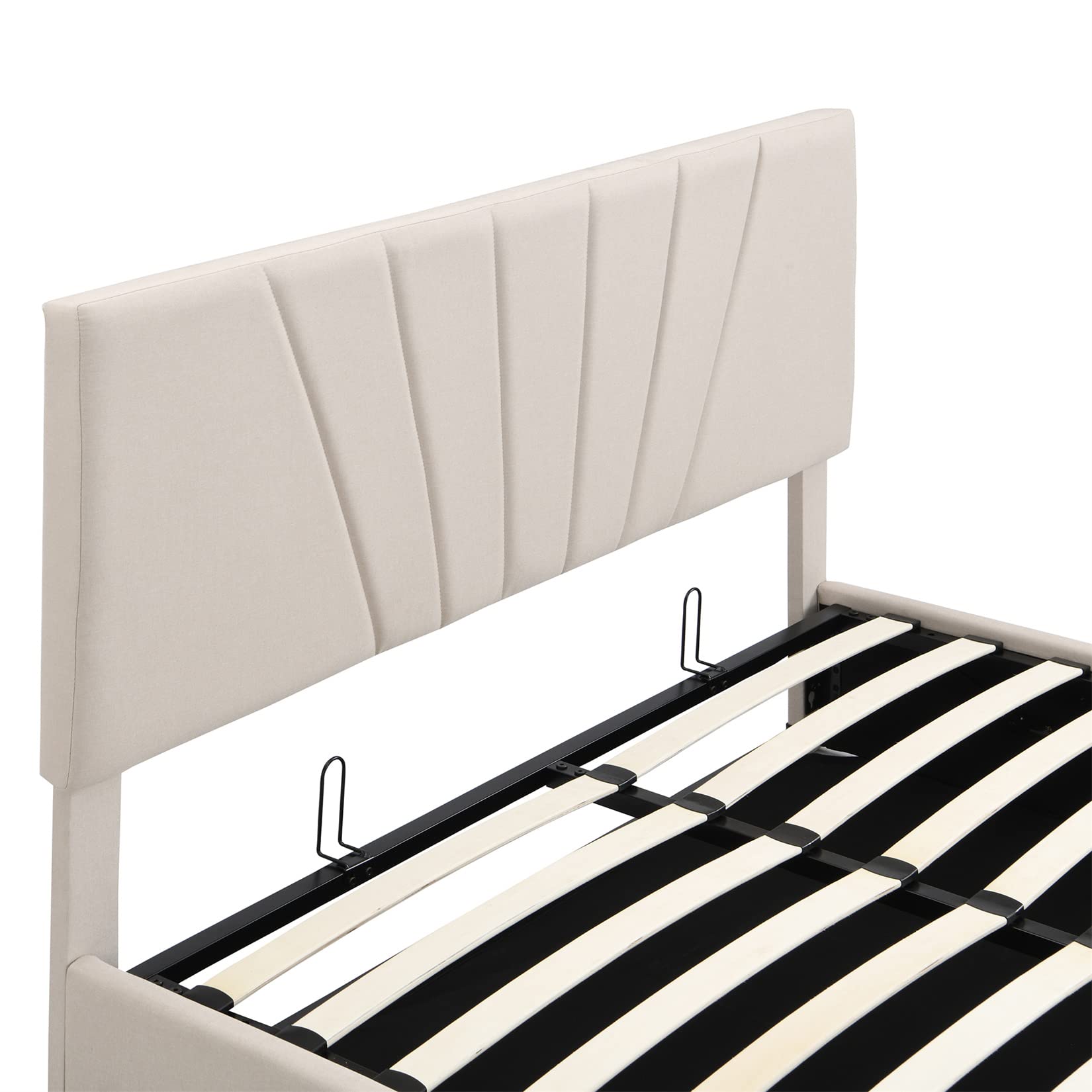 Full Size Lift Storage Bed with Hydraulic System - Modern Linen Upholstered Platform Bed Frame with Slat Support, Beige - Perfect for Small Bedrooms, Guest Rooms & Space-Saving Solutions