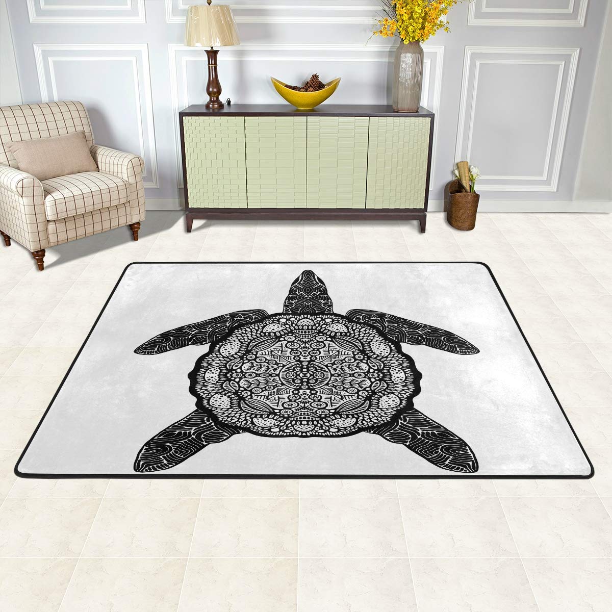 ALAZA Sea Turtle Ethnic Psychedelic Black White Area Rug 3'x2' - Bohemian Decor for Living Room, Bedroom, Dorm | Soft Non-Slip Floor Mat for Home, Office & Yoga Space