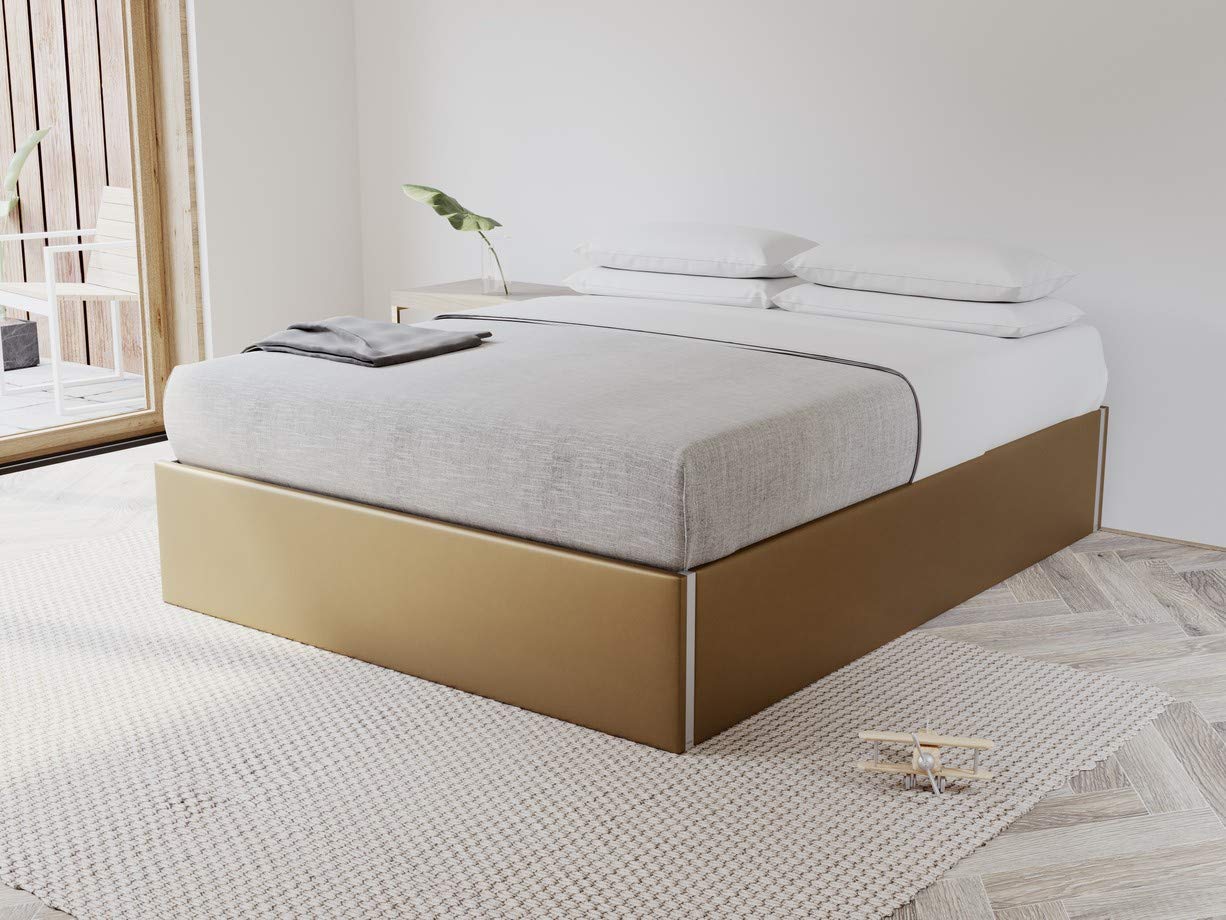 VANT Upholstered Platform Bed Frame - Queen Size Bed with Metallic Gold Finish - No Box Spring Needed - Easy Assembly Modern Bed Foundation - Perfect for Master Bedroom, Guest Room & Apartment Sleeping