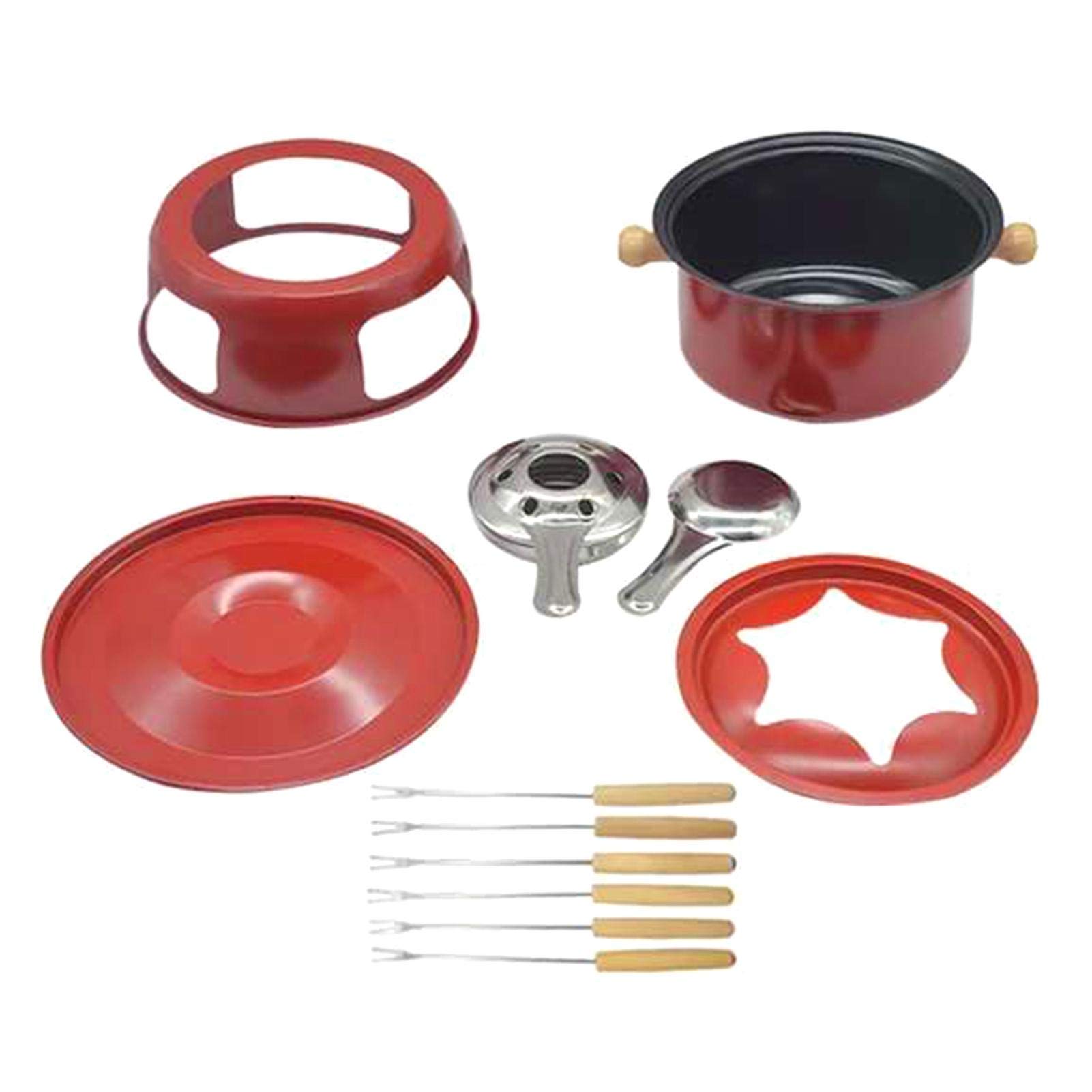 Premium Cast Iron Fondue Set - 6-Piece Multifunctional Steel Pot for Melting Cheese, Chocolate, Meat Broth & Ice Cream | Perfect for Parties, Family Gatherings & Romantic Dinners | Kitchen Accessories (Red)