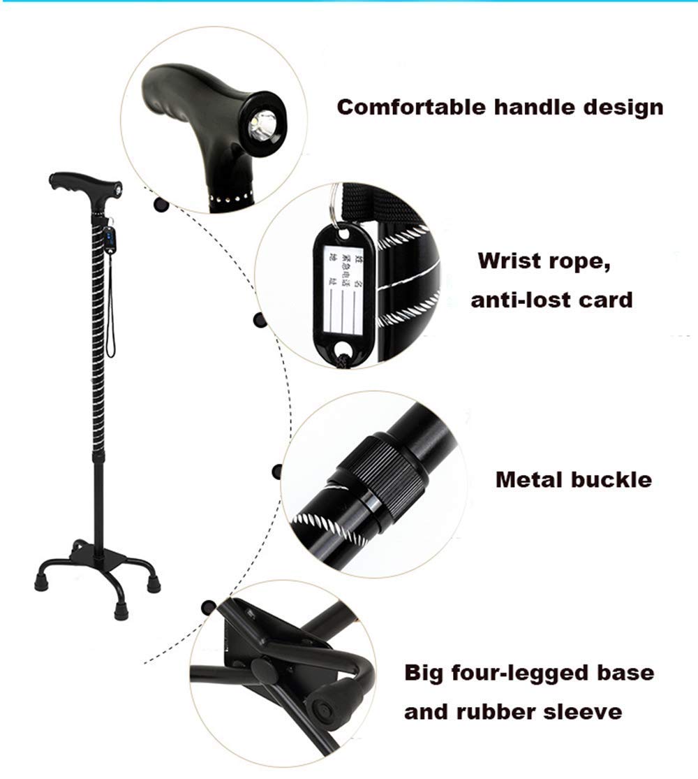 Lightweight Quadruple Walking Cane with Flashlight - Sturdy 4-Prong Aluminum Mobility Aid for Men & Women | Perfect for Hiking, Elderly Support & Outdoor Activities