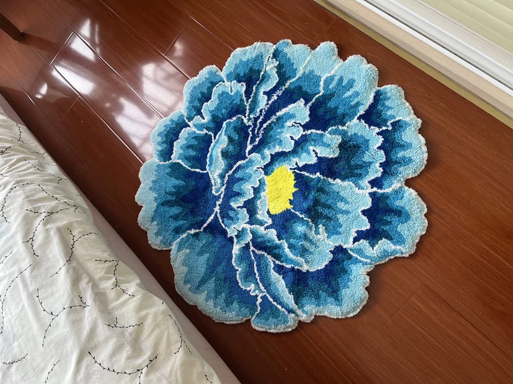 Blue Peony Flower Round Rug - Soft Plush Washable Non-Slip Bath Mat for Bedroom, Kitchen, Bathroom Floor Decor - Perfect for Home, Office & Nursery Floral Area Rugs