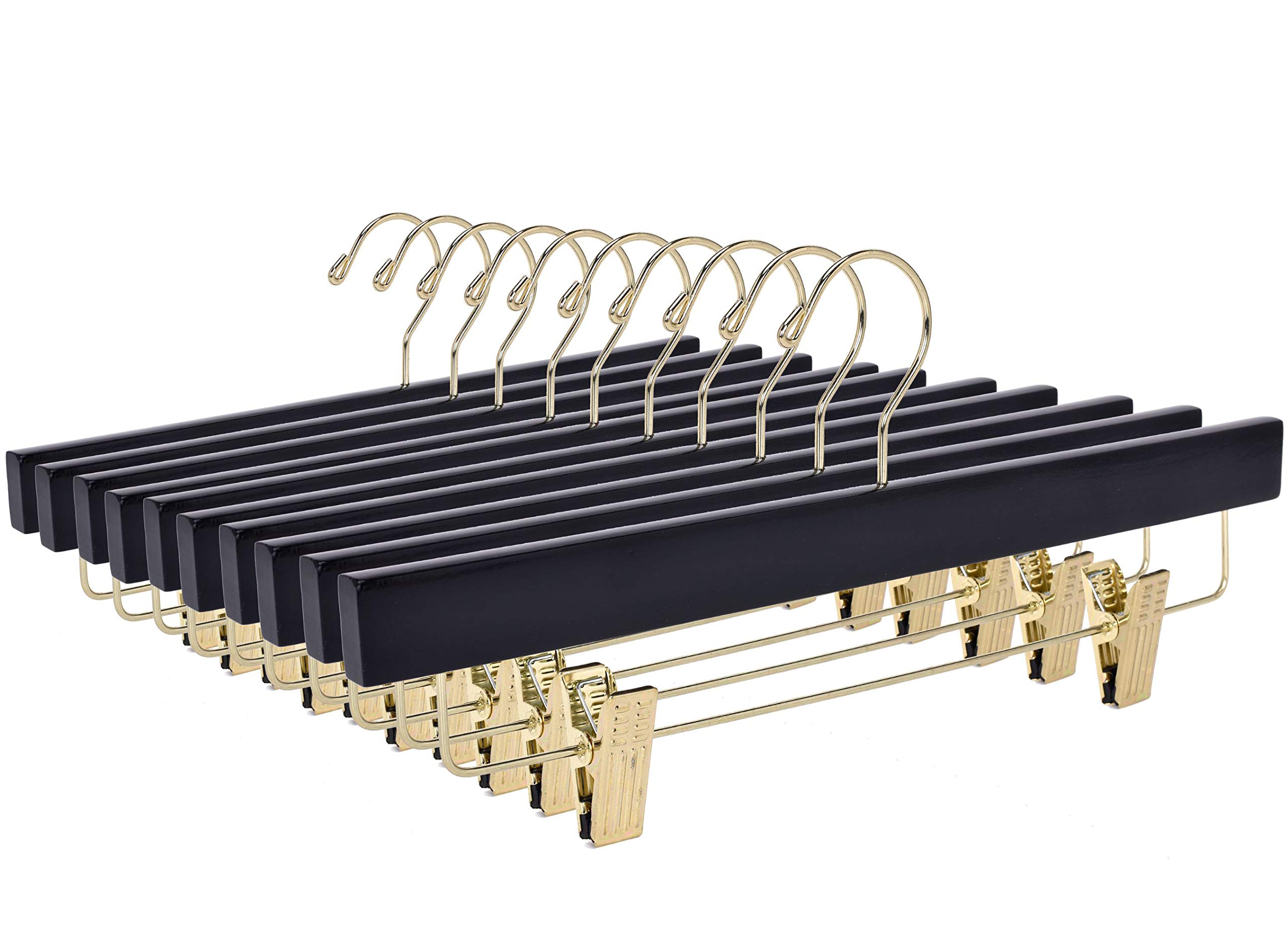 Premium Wooden Clothes Hangers with Swivel Hooks - 100-Pack Adjustable Clip Pants & Skirt Hangers for Closet Organization (Black & Gold) - Ideal for Home, Office, and Retail Store Use