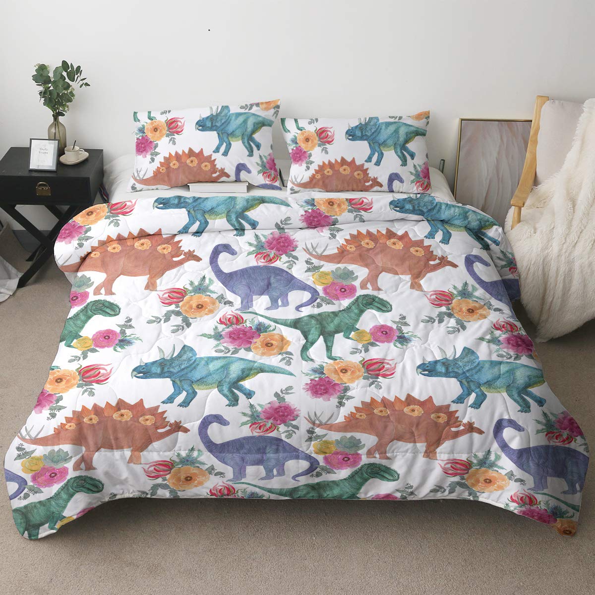 Dinosaur Watercolor Comforter Set Twin Size with 2 Pillow Shams - 3D Cute Design All Season Reversible Bedding - Soft Kids Bedroom Decor for Boys, Girls & College Dorm Room - Perfect for Nursery, Teen Room & Sleepovers