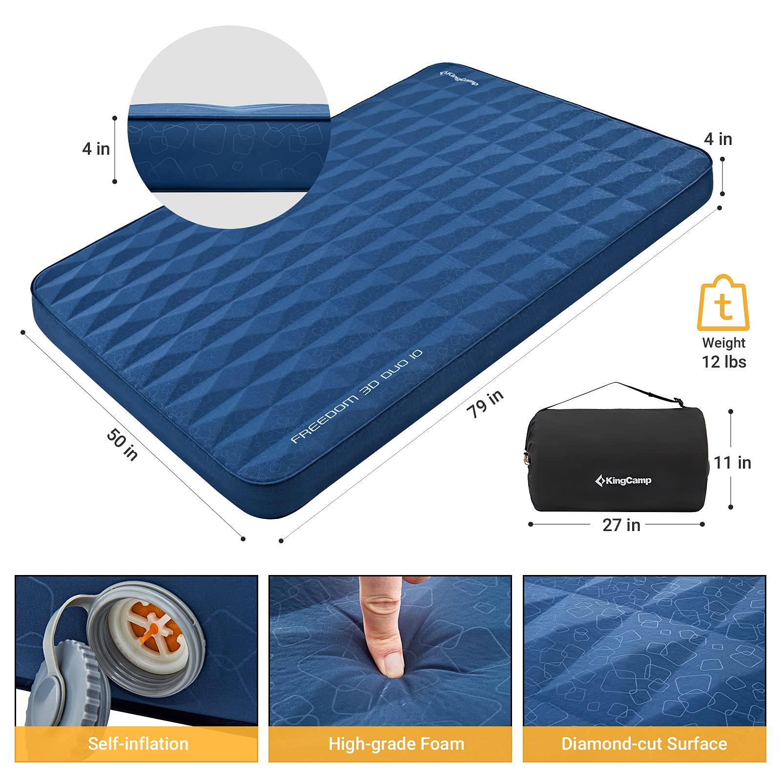 KingCamp Premium Self-Inflating Camping Sleeping Pad - 4-Inch Thick Double Size with 11 R-Value | 3D Camping Mattress for Ultra Comfort & Warmth | Perfect for Car Camping, Tent Use, Backpacking & Outdoor Adventures (Double, Navy)