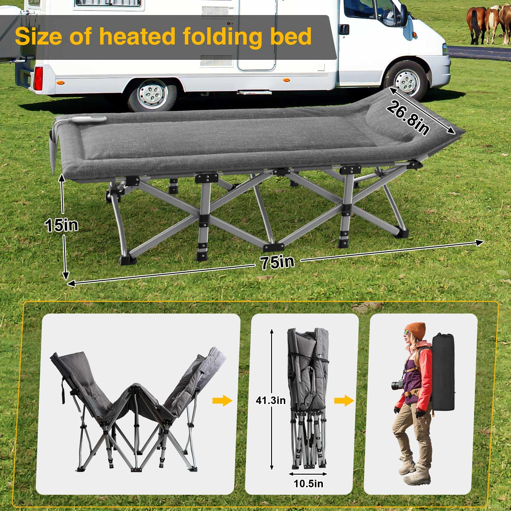 Suteck Heated Folding Camping Cot for Adults - Portable Outdoor Sleeping Bed with Built-in Soft Cotton Pad & Carry Bag - Supports 500 lbs - Perfect for Camping, Home Office Naps, Beach Travel & Emergency Use