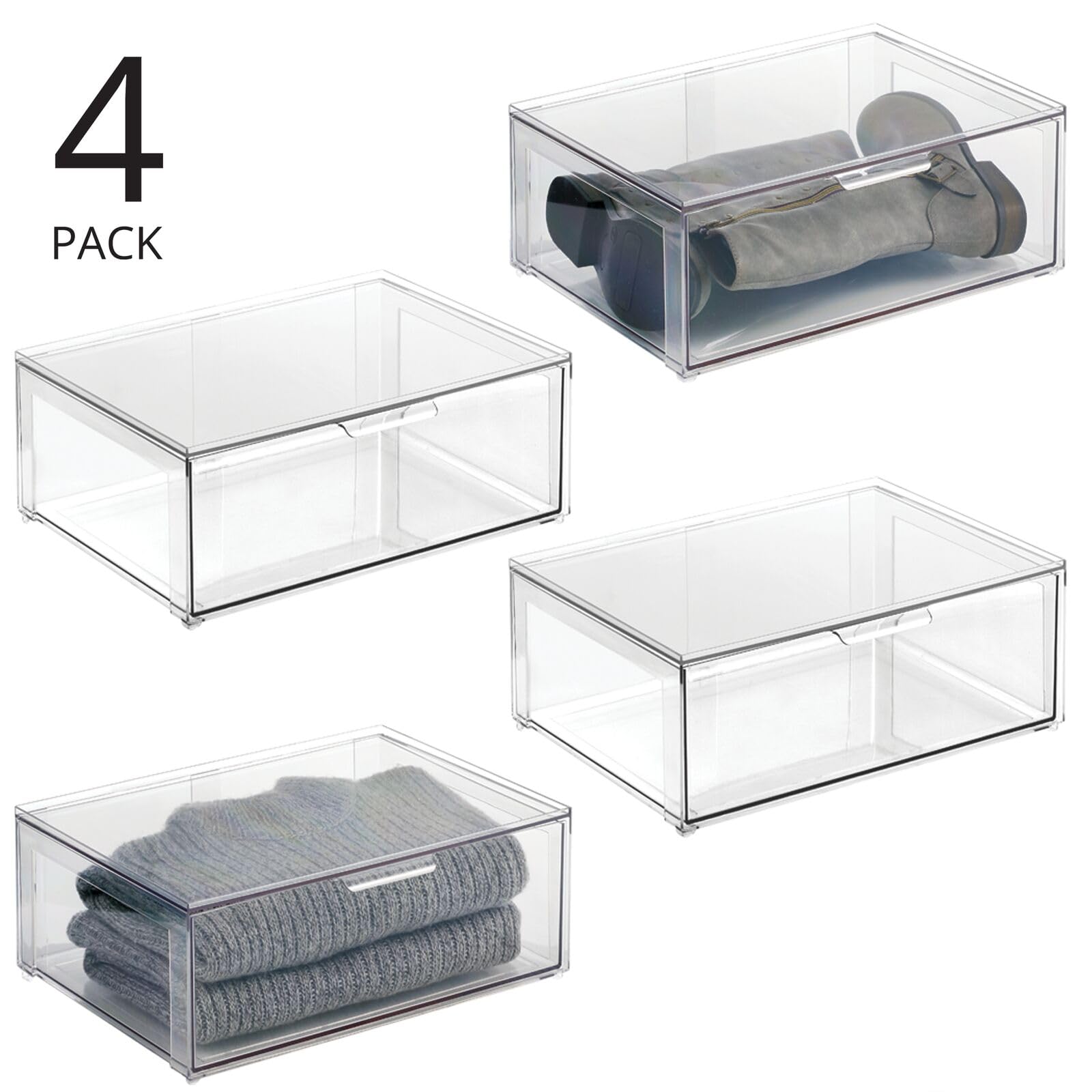 mDesign Stackable Closet Organizer Bins - 4 Pack Clear for Cabinet & Dresser Storage