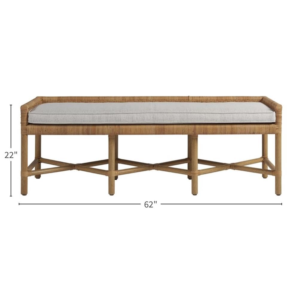 Coastal Style Pull-Up Dining Table Bench with Woven Rattan & Wicker Design - Gray Cushioned Entryway Seating for Beach Houses, Patios, and Farmhouse Decor