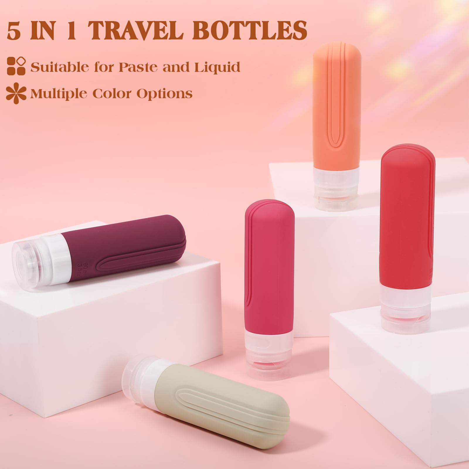 5 Pack TSA Approved Leak Proof Silicone Travel Bottles (3oz) - Refillable Toiletry Containers for Shampoo, Conditioner & Cosmetics | Perfect for Air Travel, Gym & Vacation Essentials