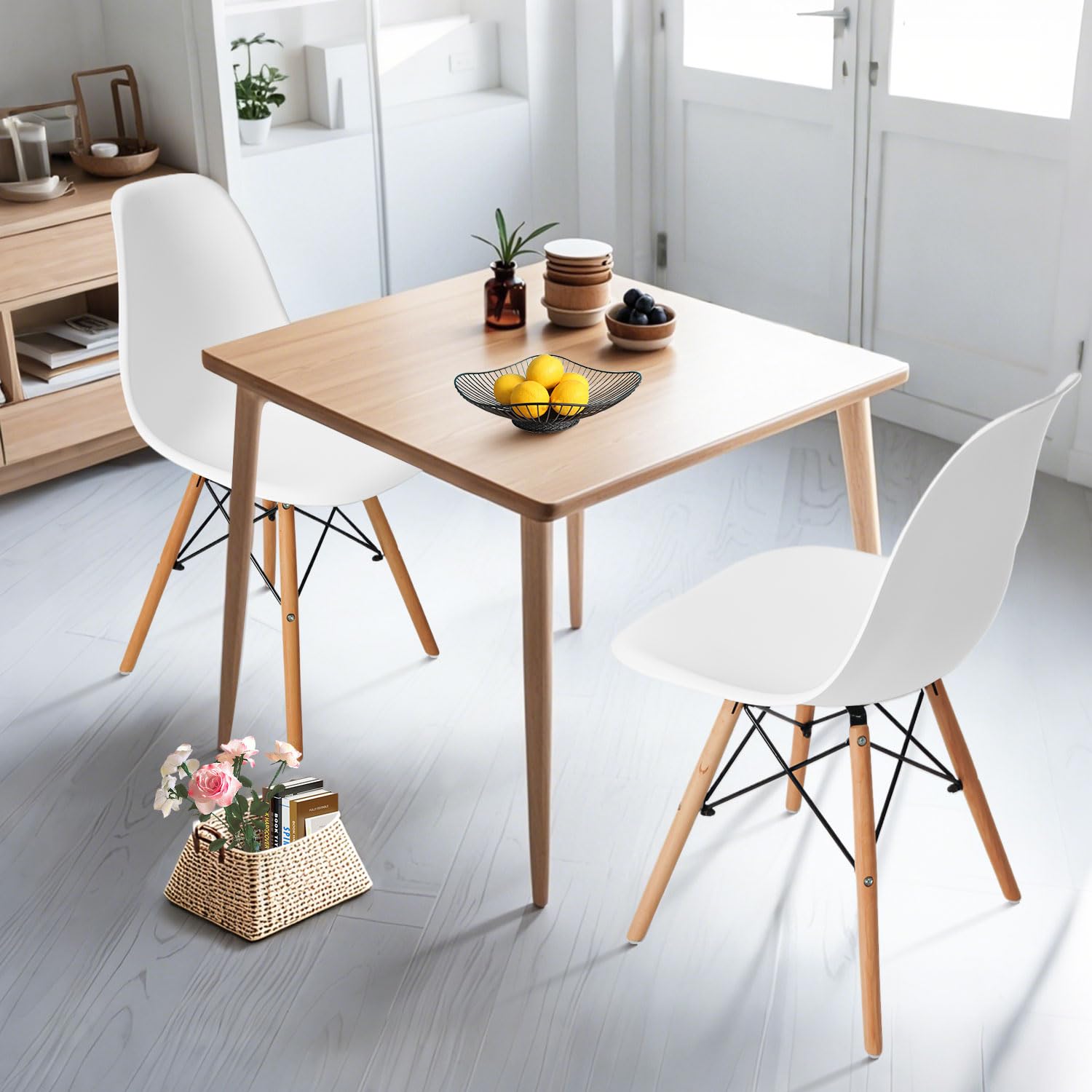 Modern Mid-Century Dining Chair - Set of 2 White Plastic Shell Chairs with Natural Wooden Legs for Kitchen, Dining Room, Bedroom & Living Room | Comfortable Lounge Seating for Home Decor & Entertaining