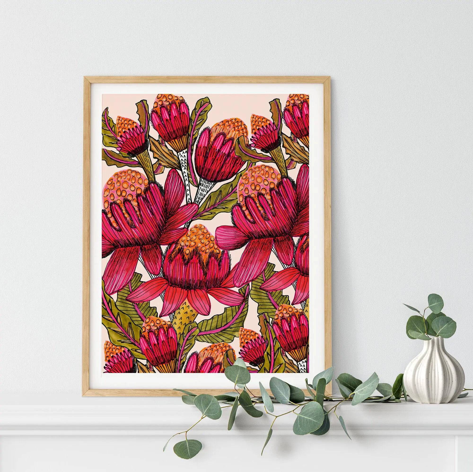 Waratahs Wall Art Print - Australian Native Flower Canvas Painting - Perfect for Home Decor, Living Room, Bedroom & Office