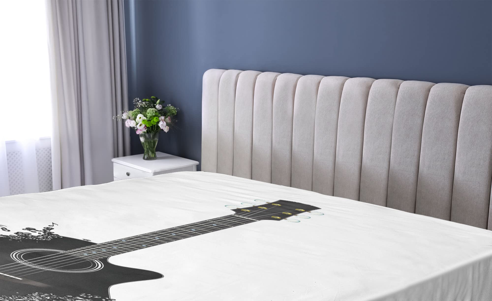 Ambesonne Guitar Fitted Sheet - Queen Size Black & White Musical Instrument Design with All-Around Elastic Deep Pocket | Perfect for Musicians' Bedrooms, Music Studio Dorms, and Rock-Themed Decor