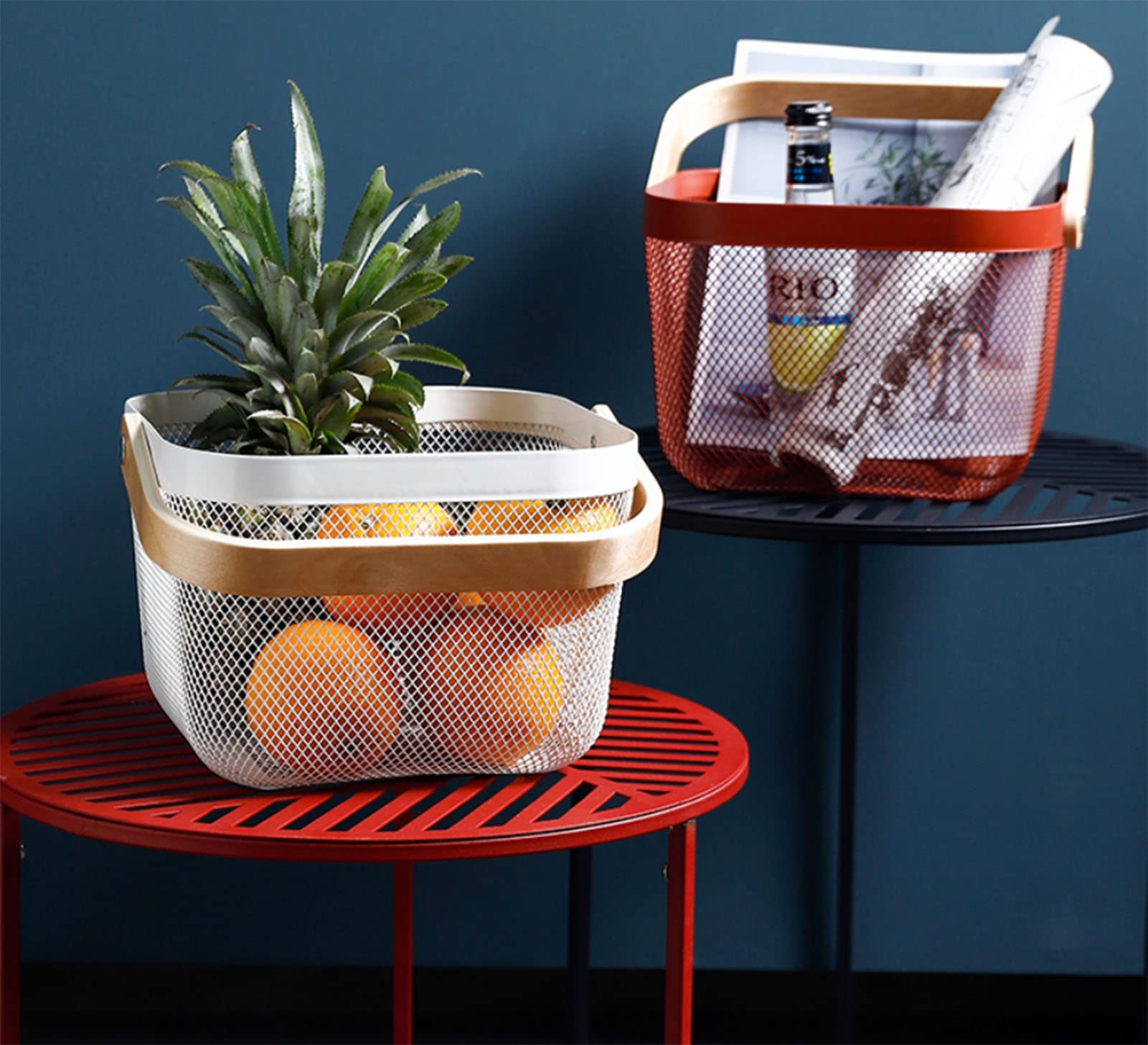 Stainless Steel Mesh Storage Basket with Bamboo Handle - Multi-Purpose Organizer for Kitchen, Bathroom, Picnic & Home Decor - Perfect for Fruits, Vegetables, Groceries & Household Items (Red)